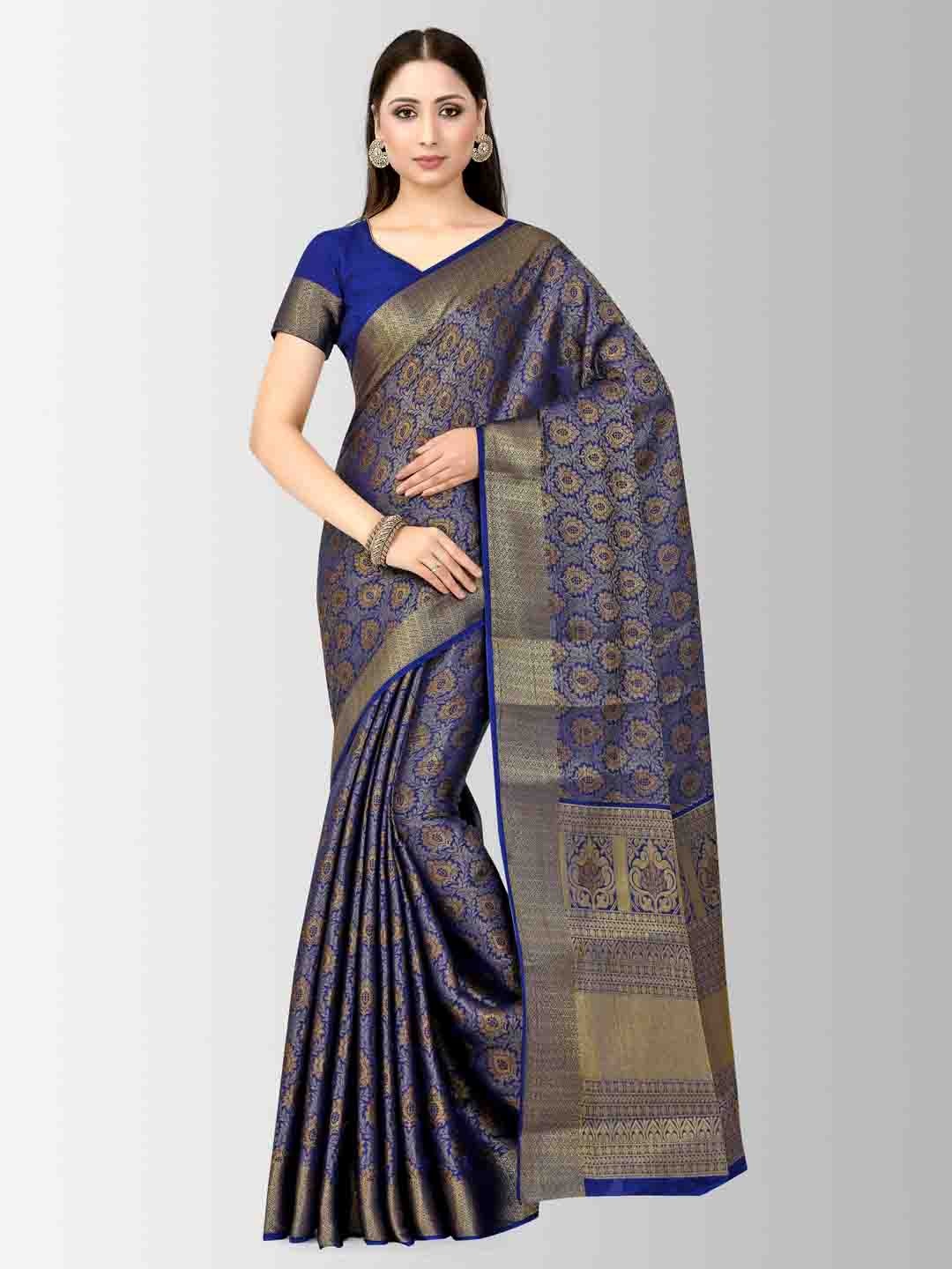 

MIMOSA Navy Blue Art Silk Printed Kanjeevaram Saree