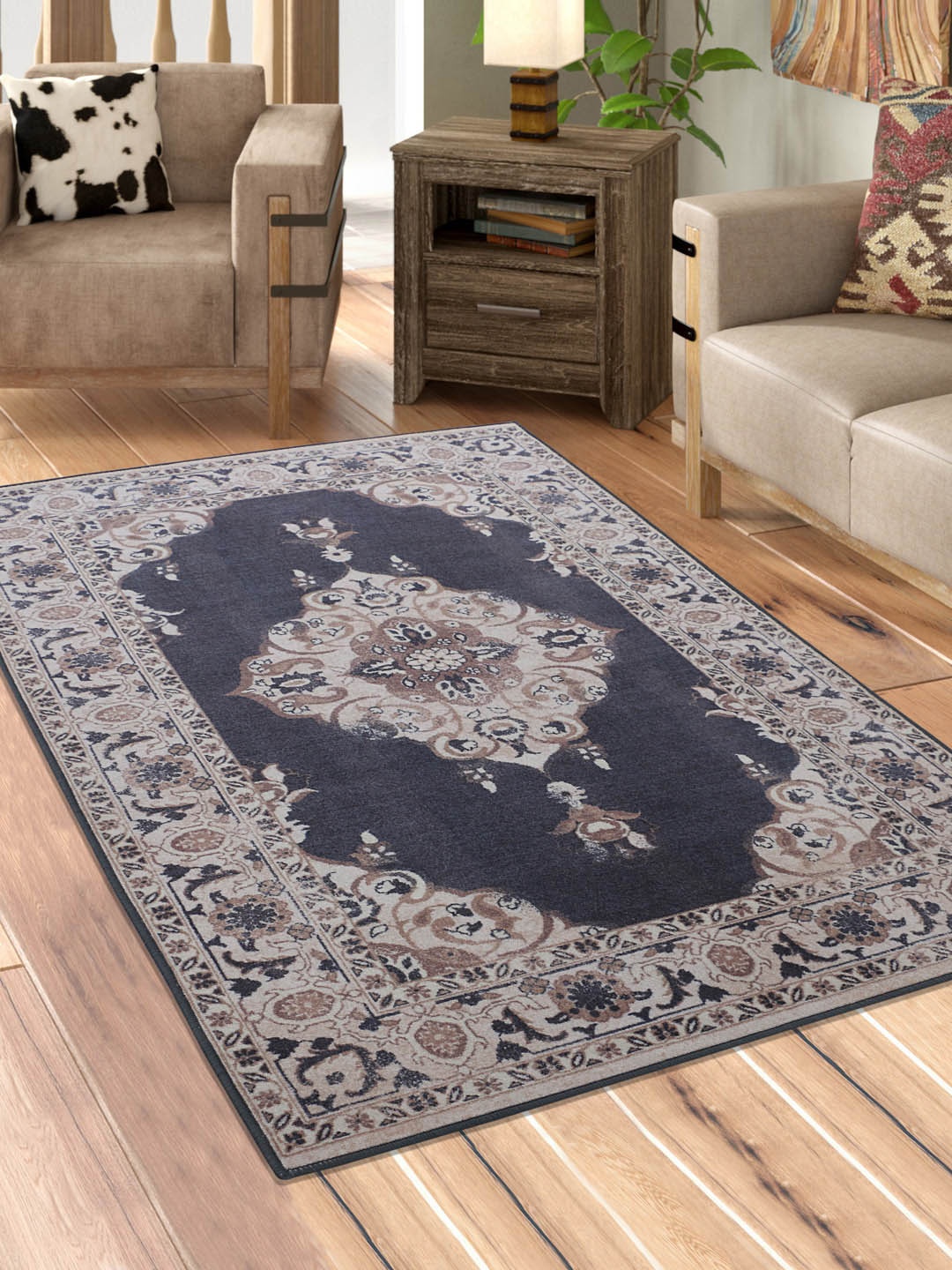

RUGSMITH Navy Blue & Beige Patterned Anti-Skid Rectangle Carpet