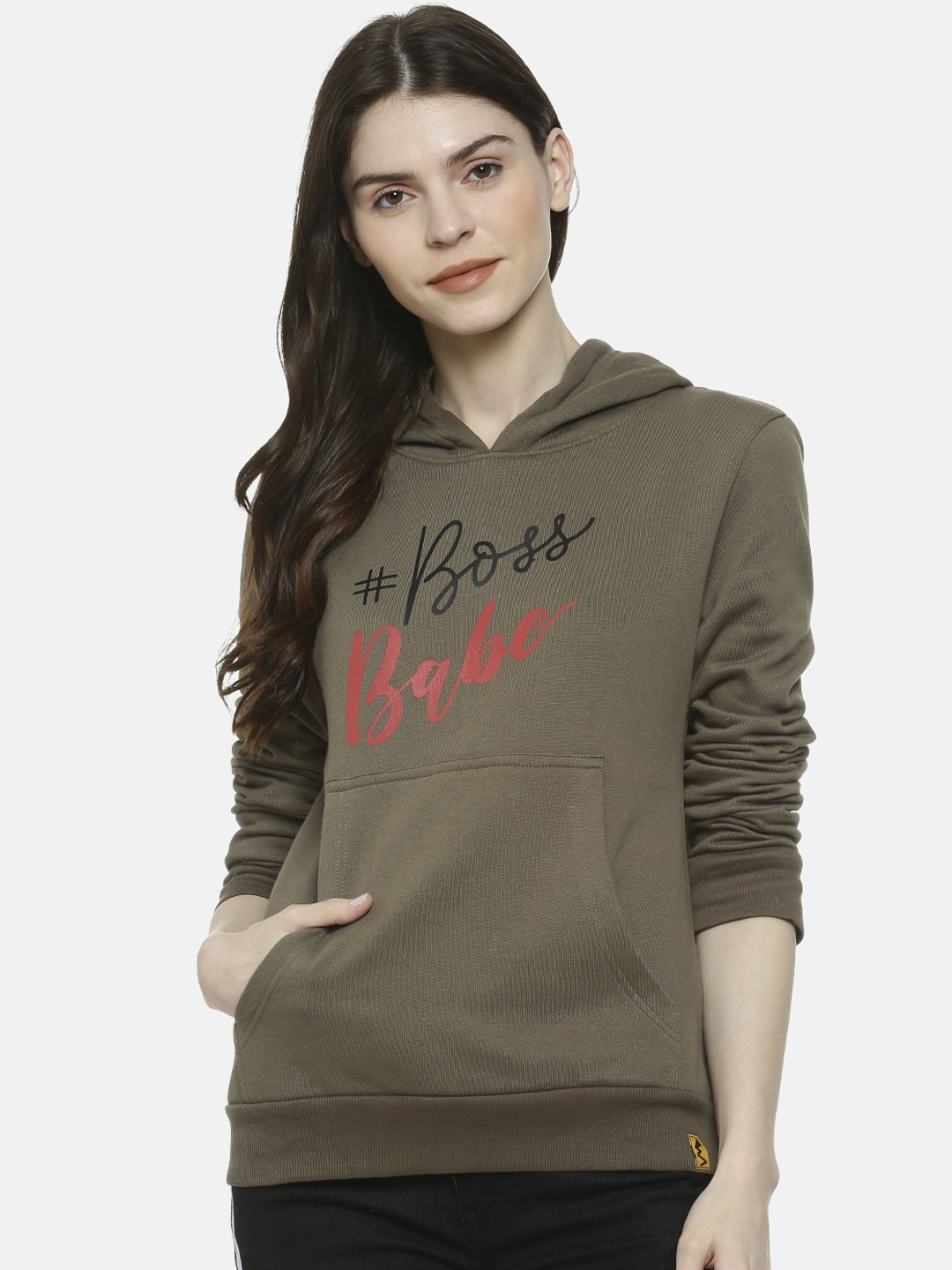 

Campus Sutra Women Olive Green & Red Printed Hooded Sweatshirt