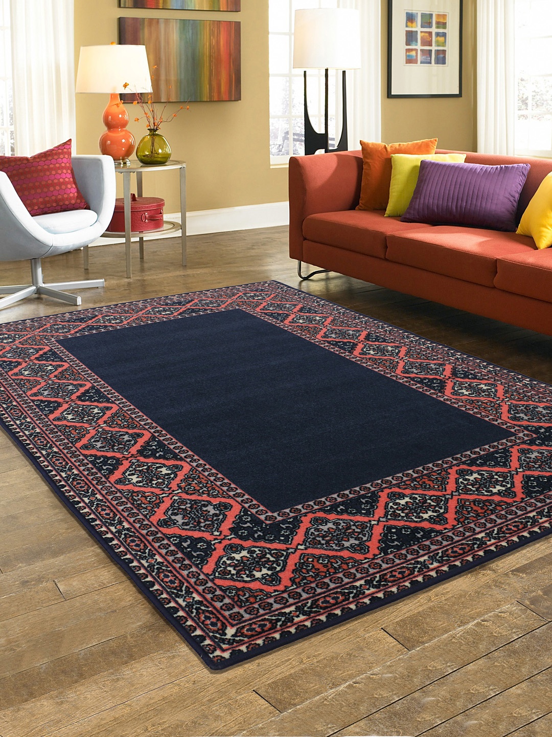 

RUGSMITH Navy Blue & Peach Patterned Anti-Skid Rectangle Carpet