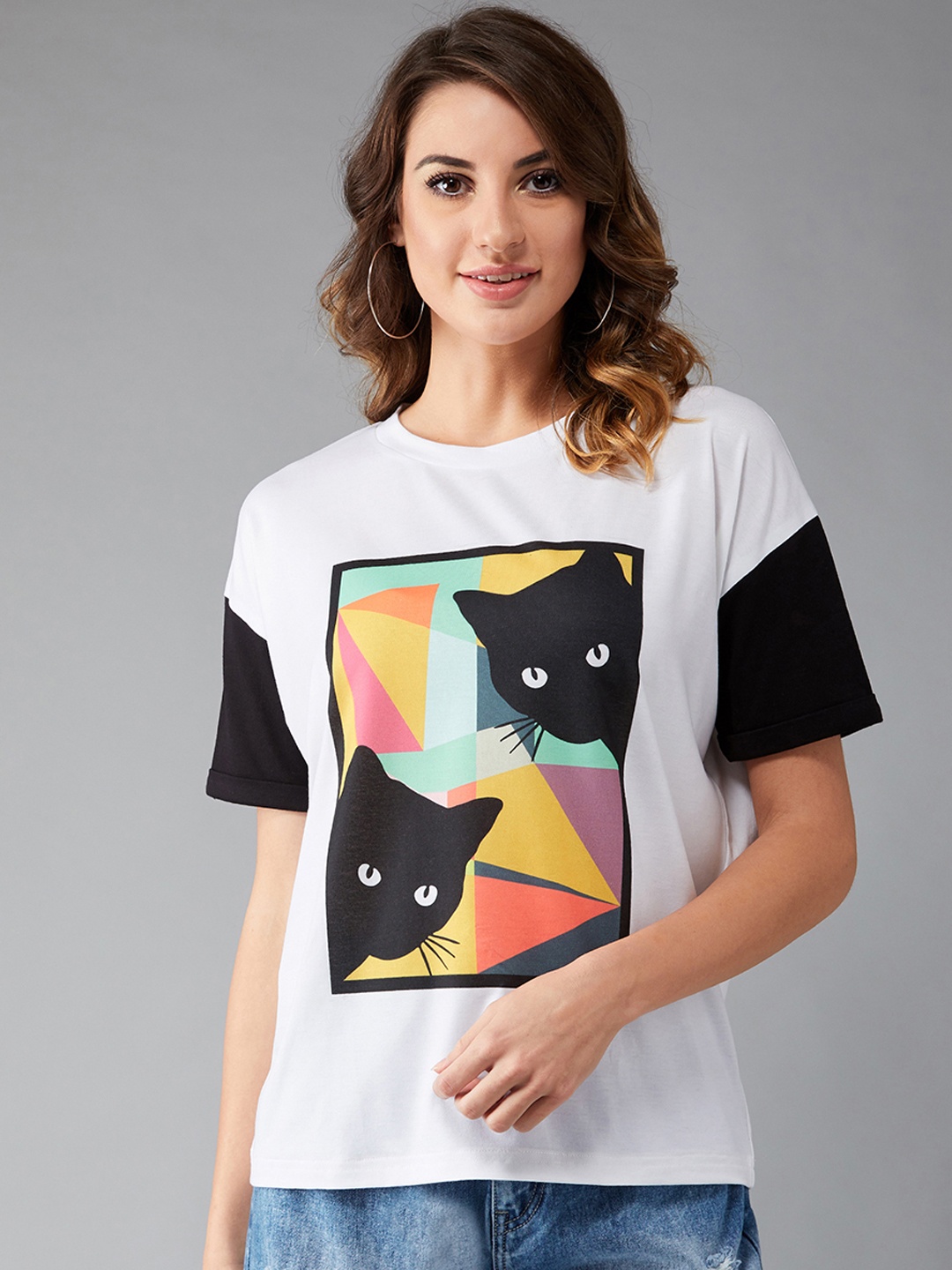 

DOLCE CRUDO Women White Printed Round Neck T-shirt