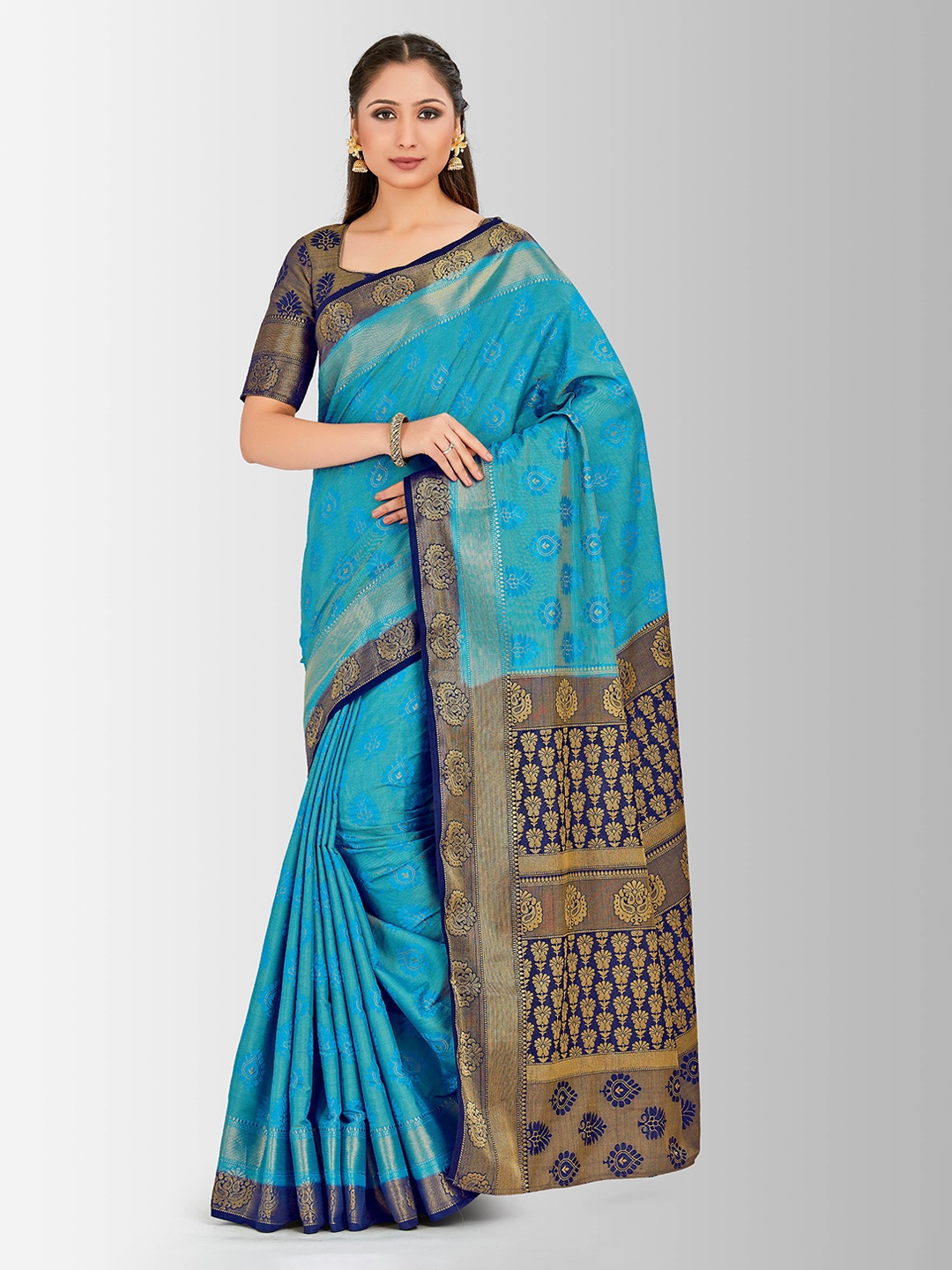 

MIMOSA Turquoise Blue & Navy Blue Art Silk Embellished Kanjeevaram Saree