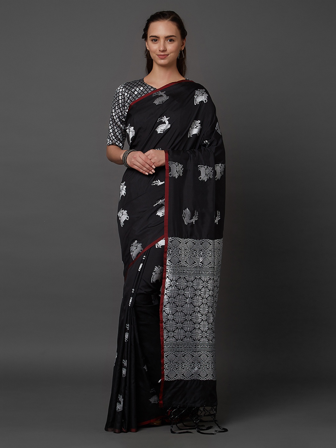 Mitera Black & Silver-Toned Silk Blend Woven Design Kanjeevaram Saree