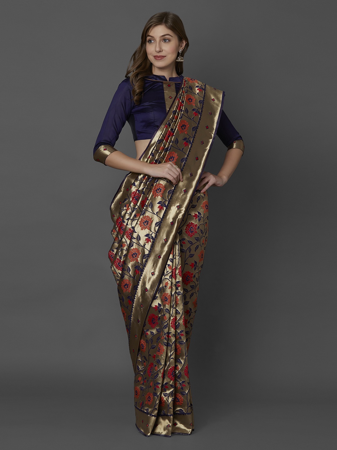 

Mitera Navy Blue & Gold-Toned Silk Blend Woven Design Kanjeevaram Saree