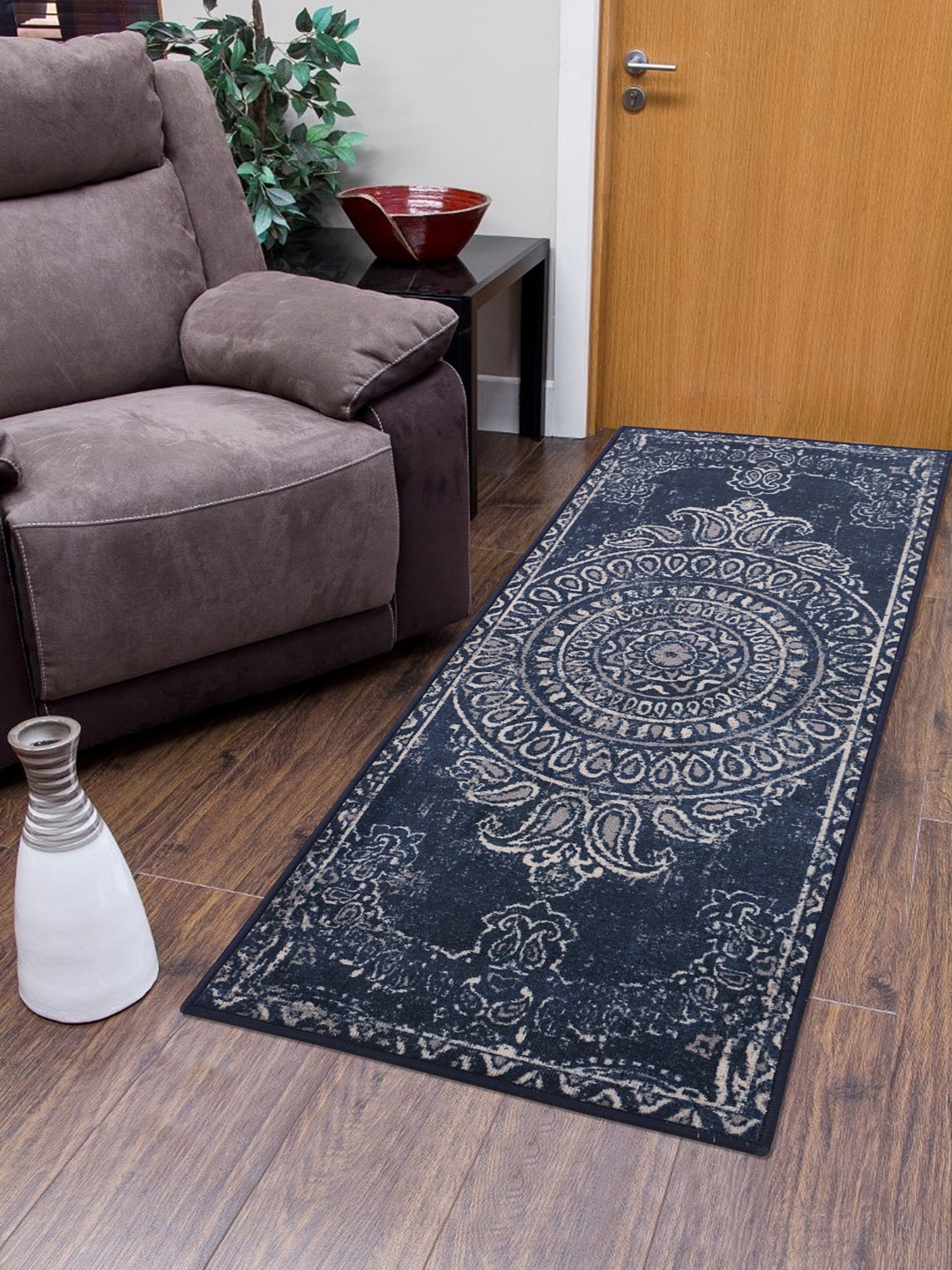 

RUGSMITH Navy Blue & Grey Patterned Anti-Skid Floor Runner