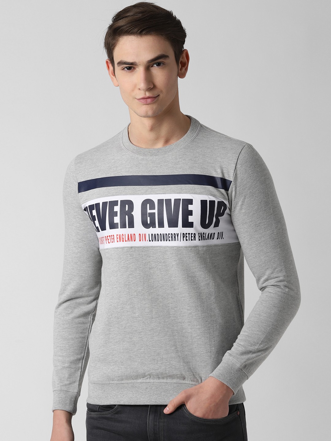 

Peter England Casuals Men Grey & Navy Blue Printed Sweatshirt