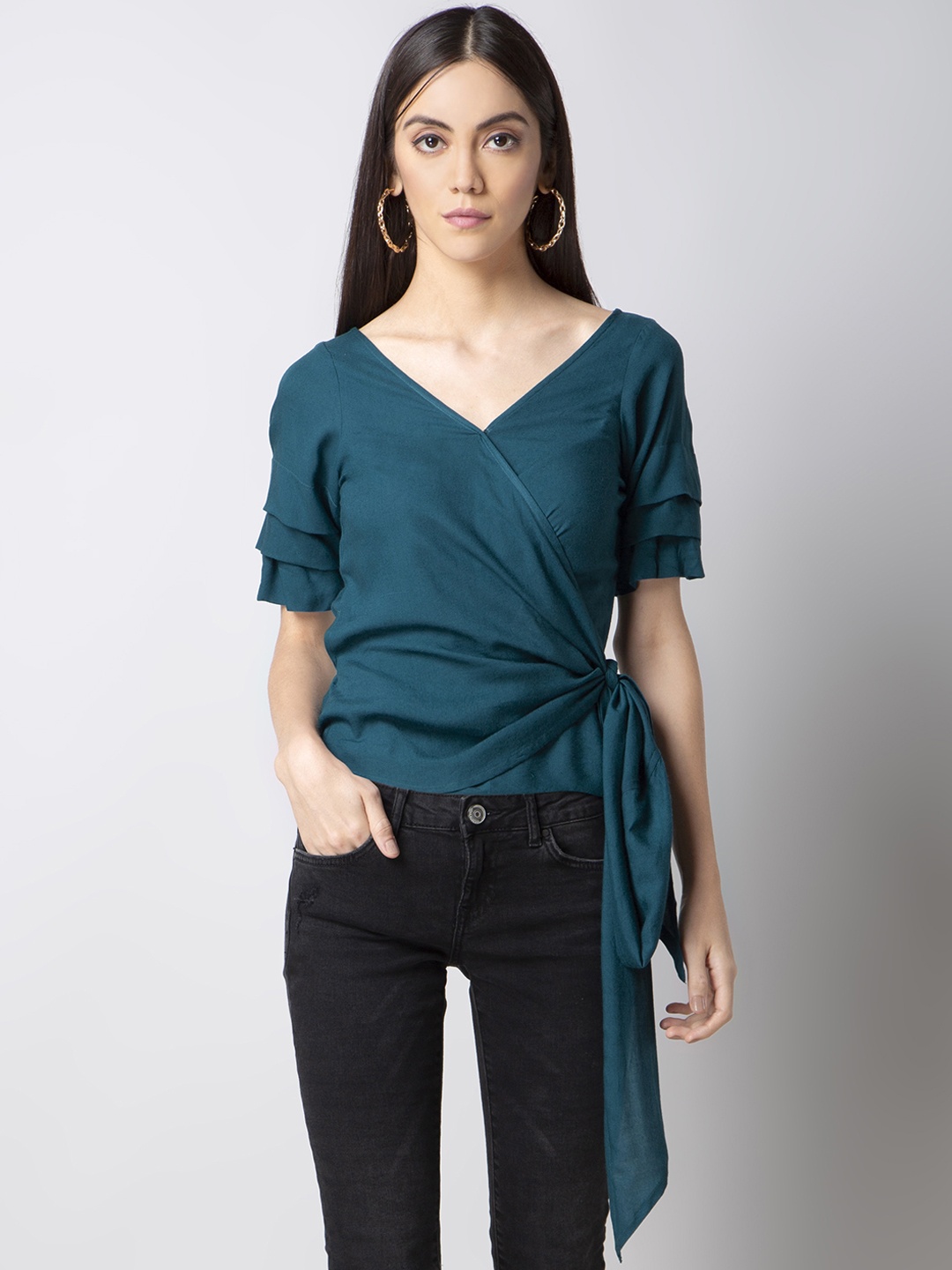 

FabAlley Women Teal Green Solid Wrap Top
