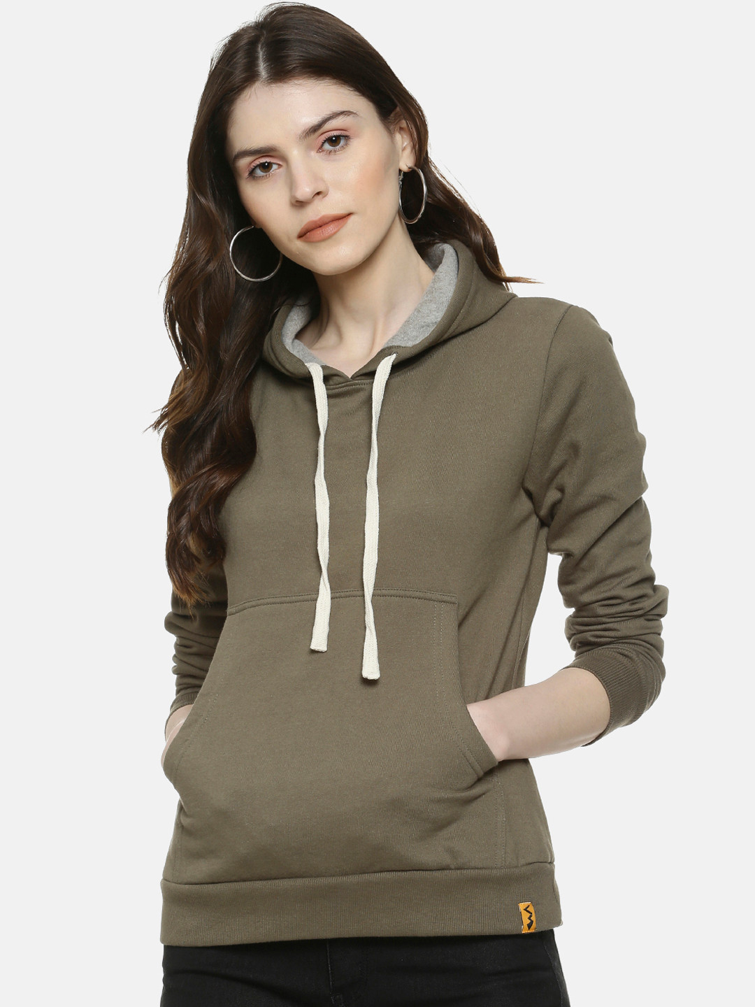 

Campus Sutra Women Olive Green Solid Hooded Sweatshirt