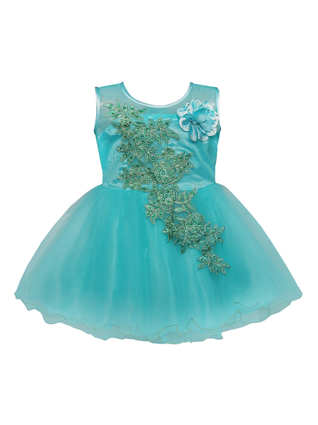 

Wish Karo Girls Sea Green Floral Embroidered Fit and Flare Dress