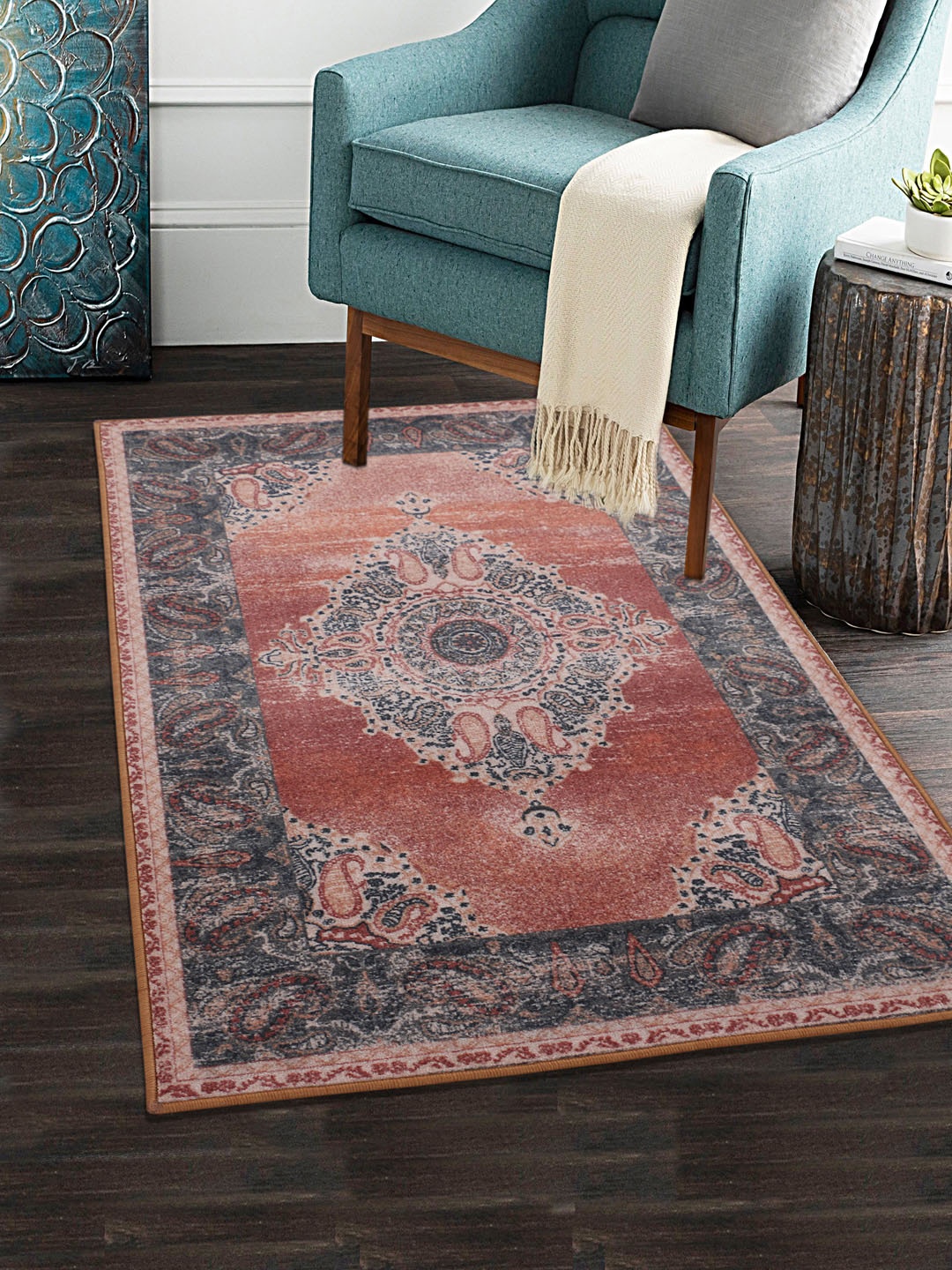

RUGSMITH Orange & Grey Patterned Anti-Skid Rectangle Carpet