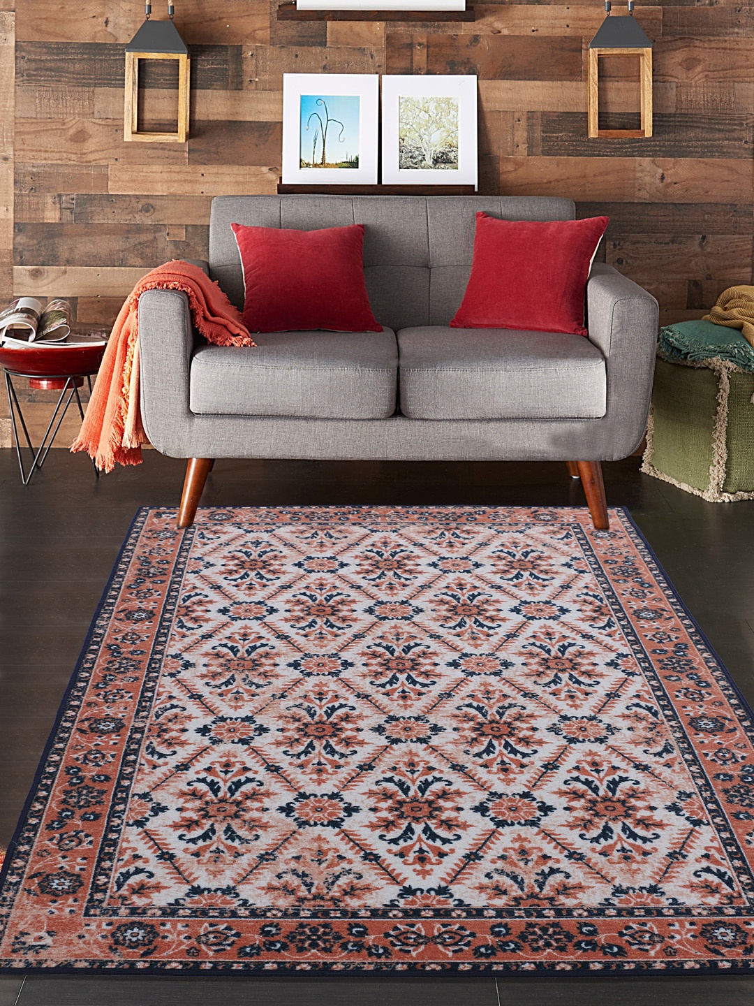 

RUGSMITH Navy Blue & Peach Patterned Anti-Skid Rectangle Carpet