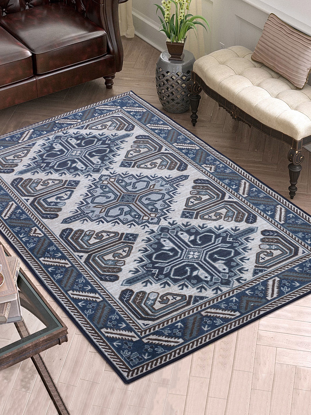 RUGSMITH Navy Blue & Grey Patterned Anti-Skid Rectangle Carpet