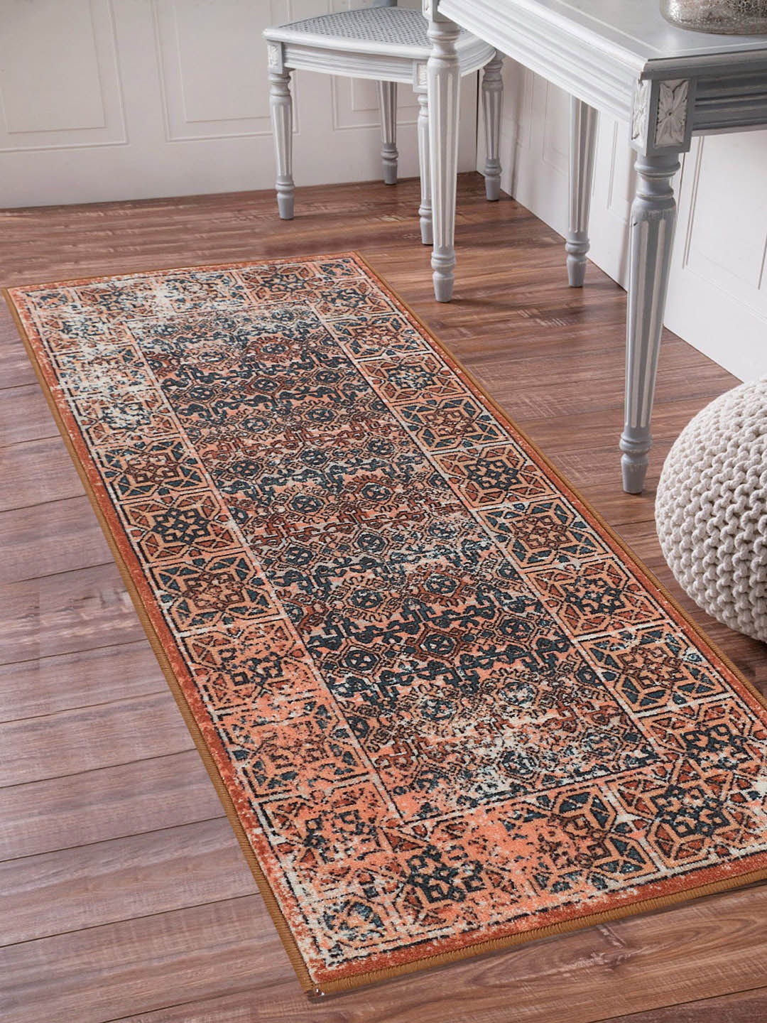 

RUGSMITH Orange & Teal Blue Patterned Anti-Skid Floor Runner