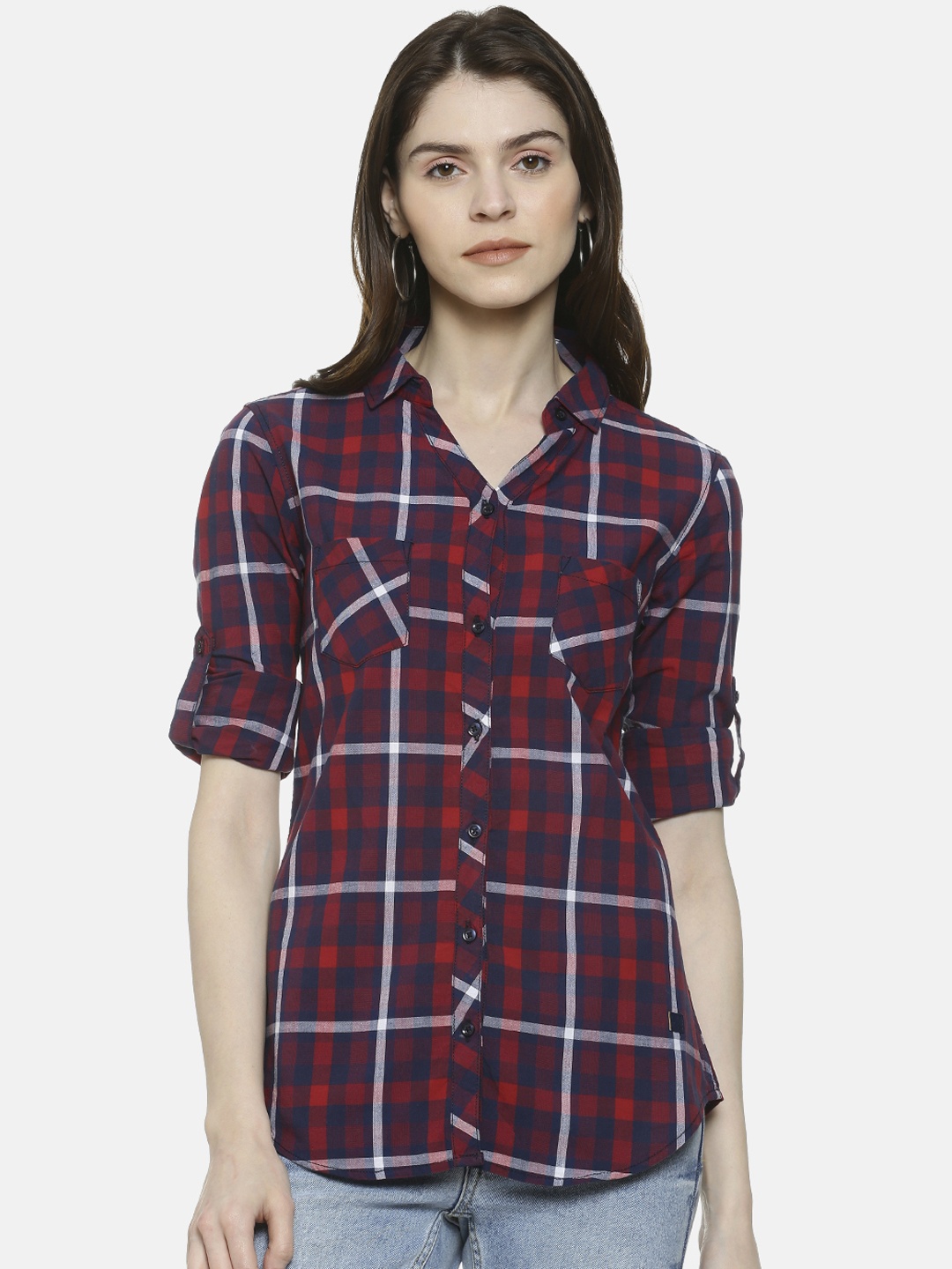 

Campus Sutra Women Red & Navy Blue Regular Fit Checked Casual Shirt