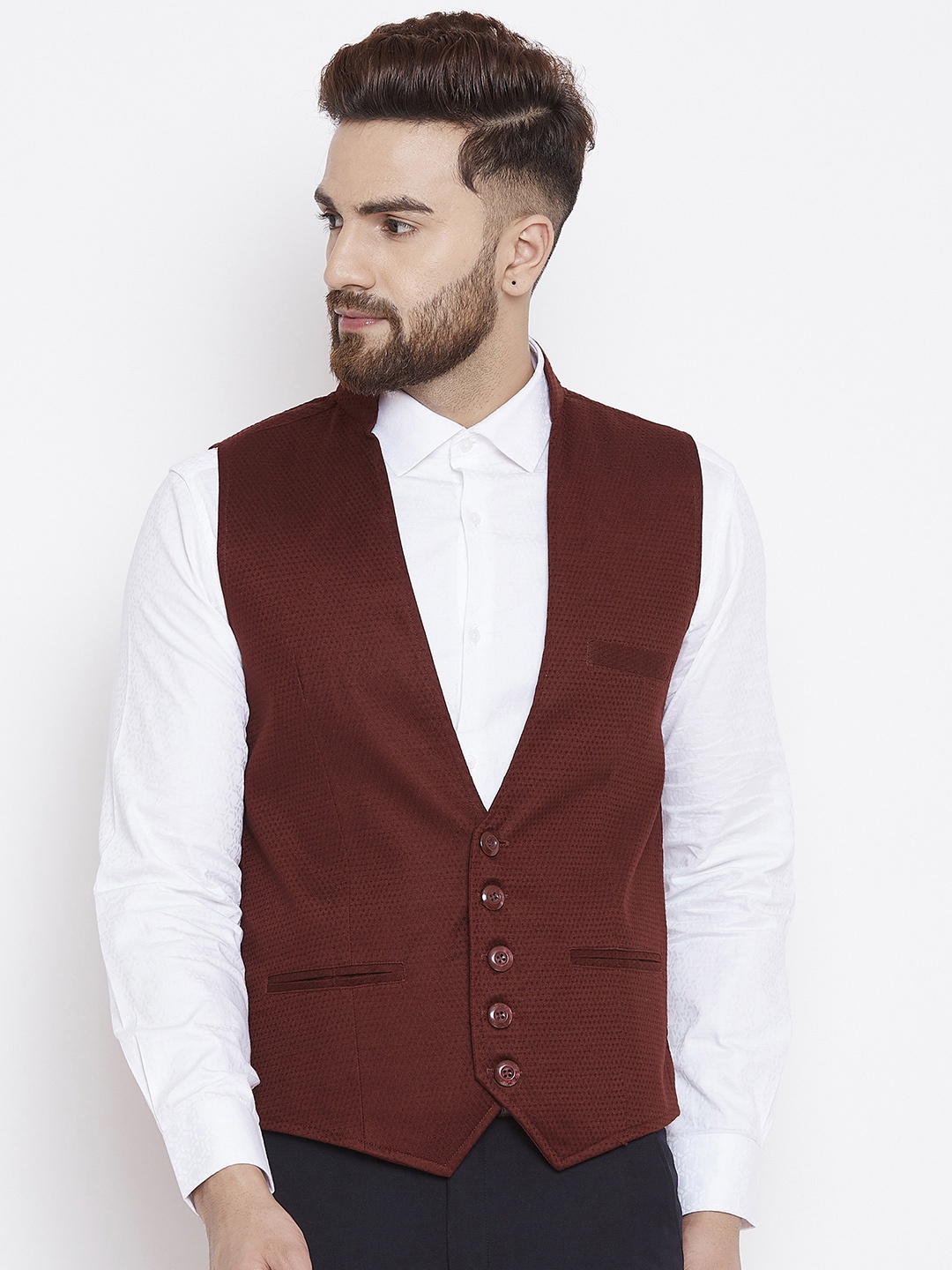 

even Men Maroon Self-Design Woven Waistcoat
