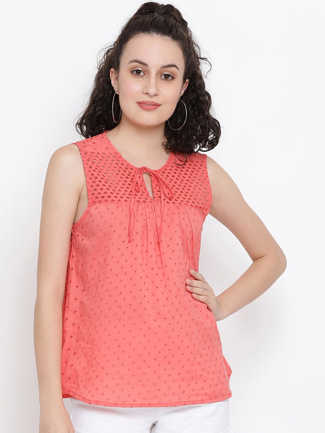 

SQew Women Coral Pink Schiffli Embroidered Top