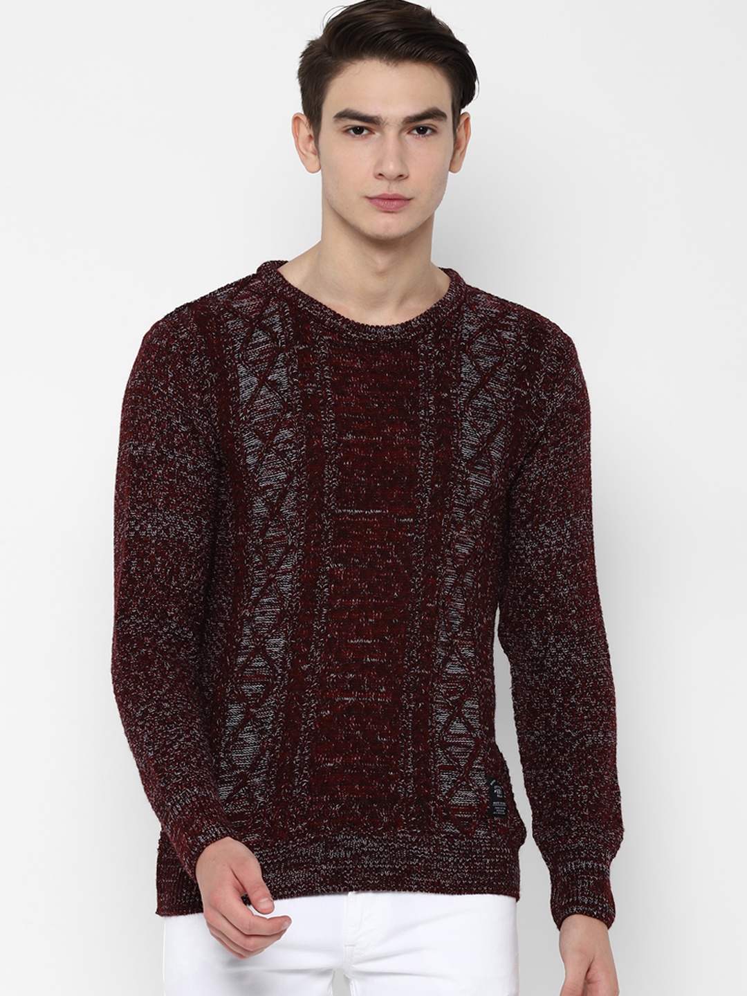 

People Men Maroon Self Design Sweater