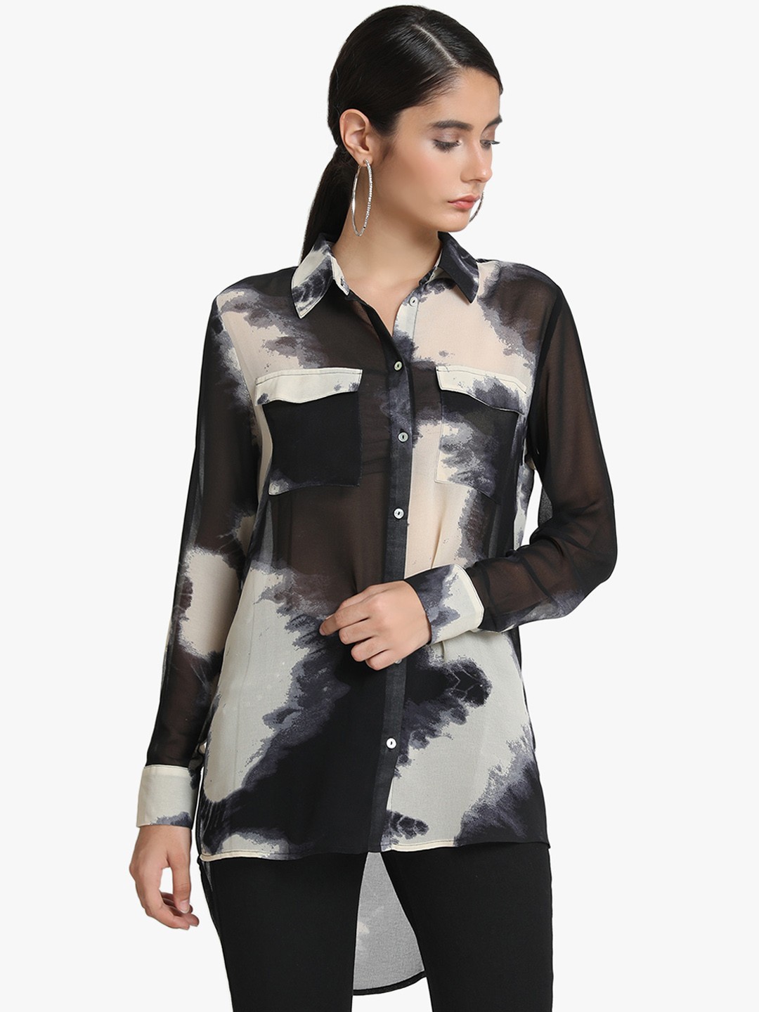 

Kazo Women Black & Off-White Printed Regular Fit Casual Shirt
