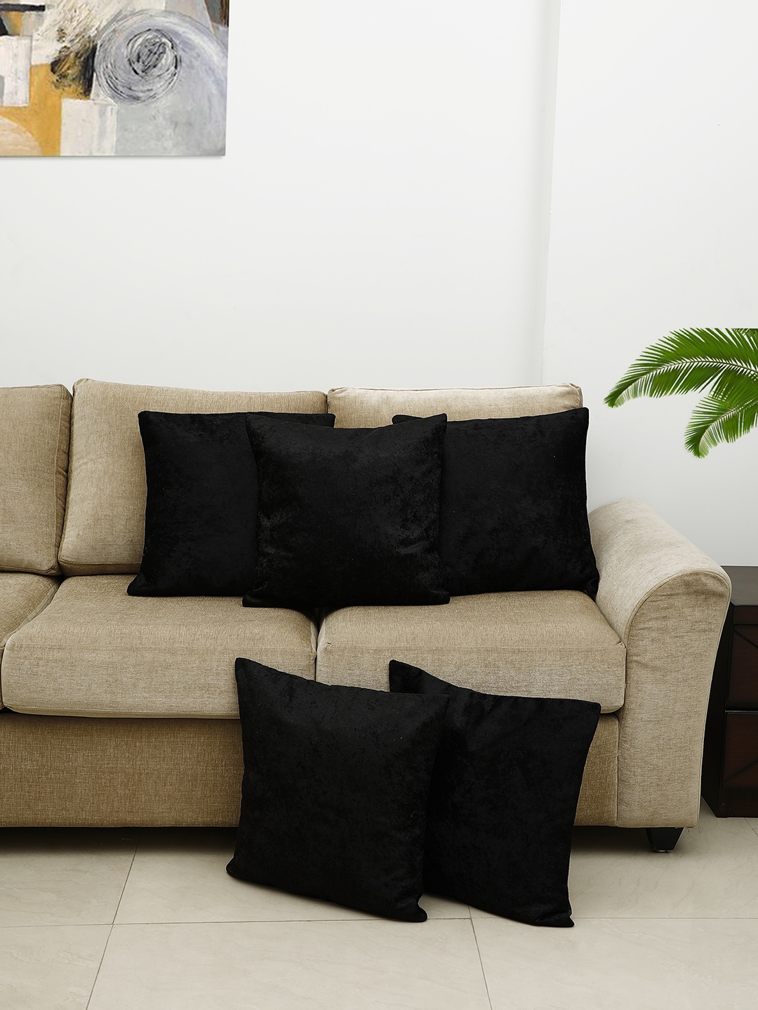 

HOSTA HOMES Set of 5 Self Design Square Cushion Covers, Black