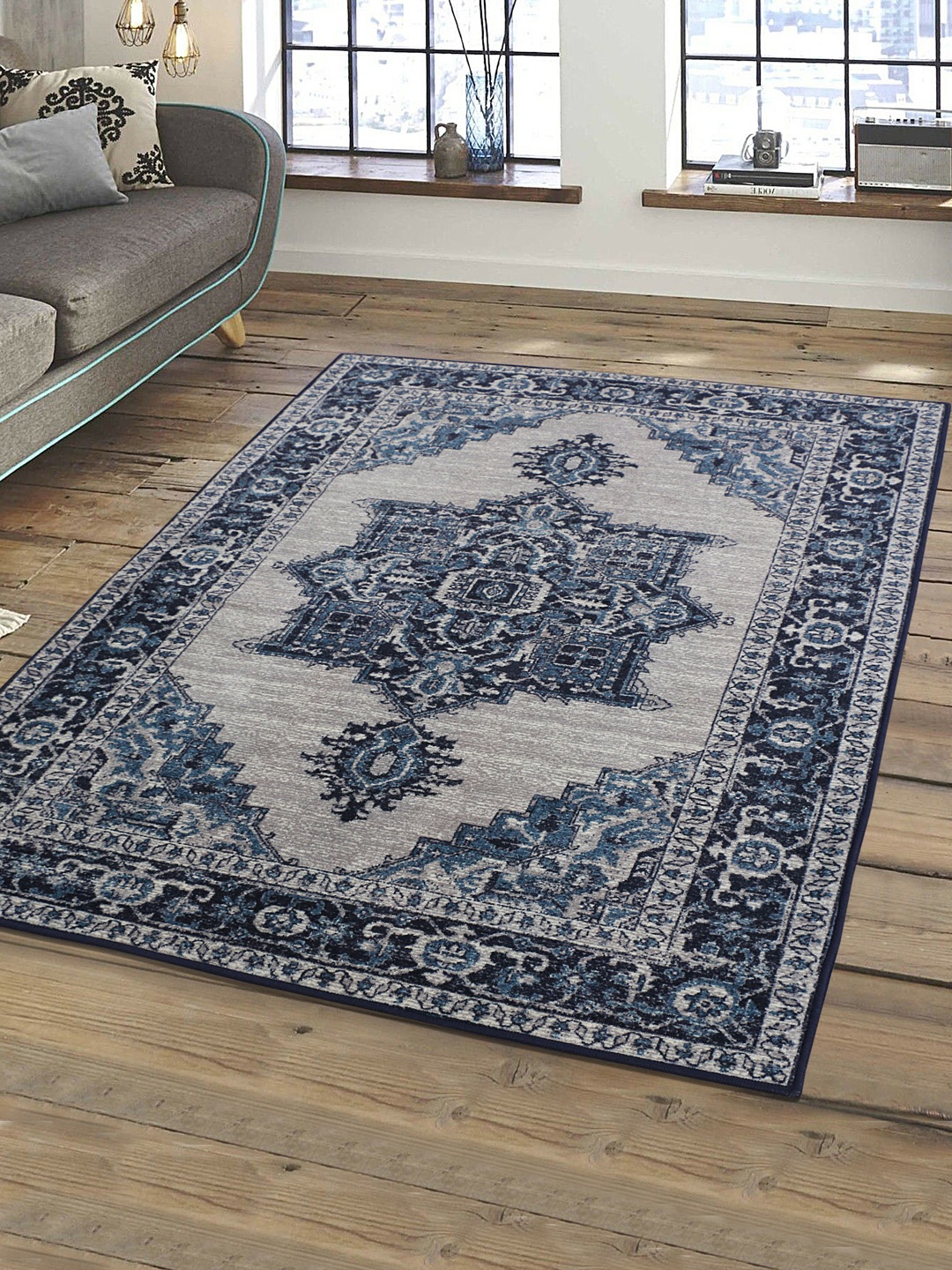 

RUGSMITH Blue & Grey Patterned Anti-Skid Carpet