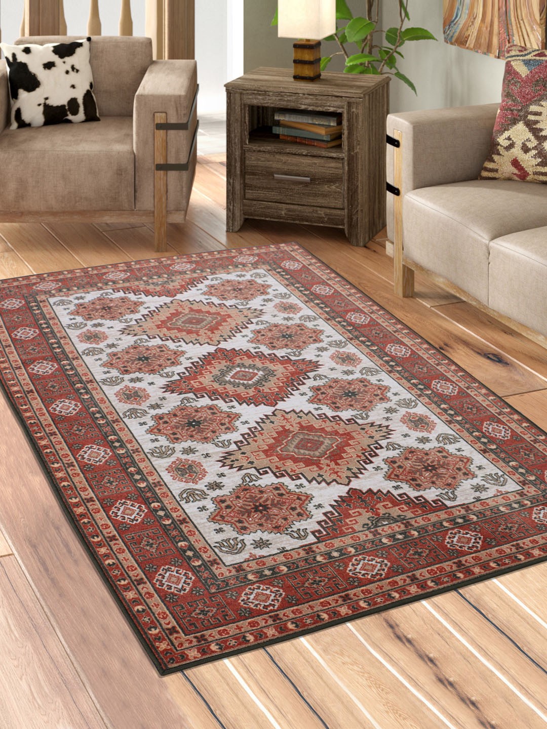

RUGSMITH White & Brown Patterned Anti-Skid Carpet