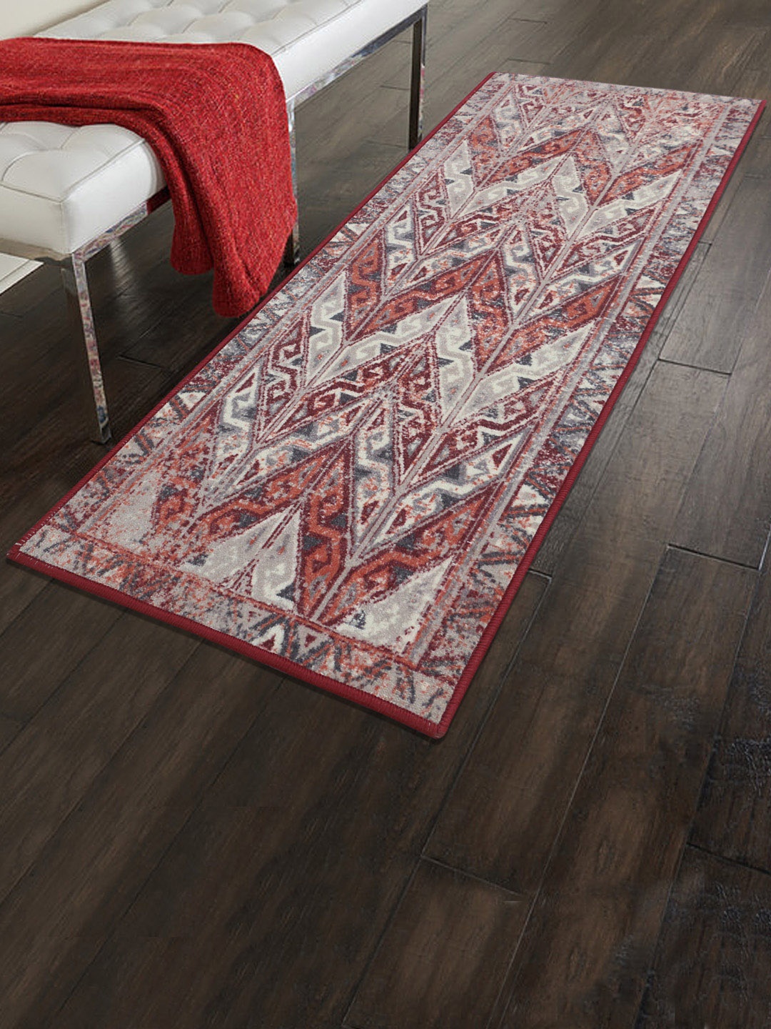 

RUGSMITH Grey & Maroon Patterned Anti-Skid Floor Runner