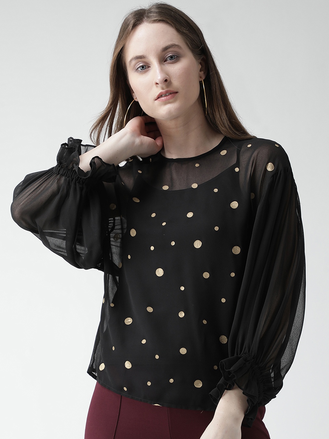 

KASSUALLY Women Black & Gold-toned Polka Dot Top
