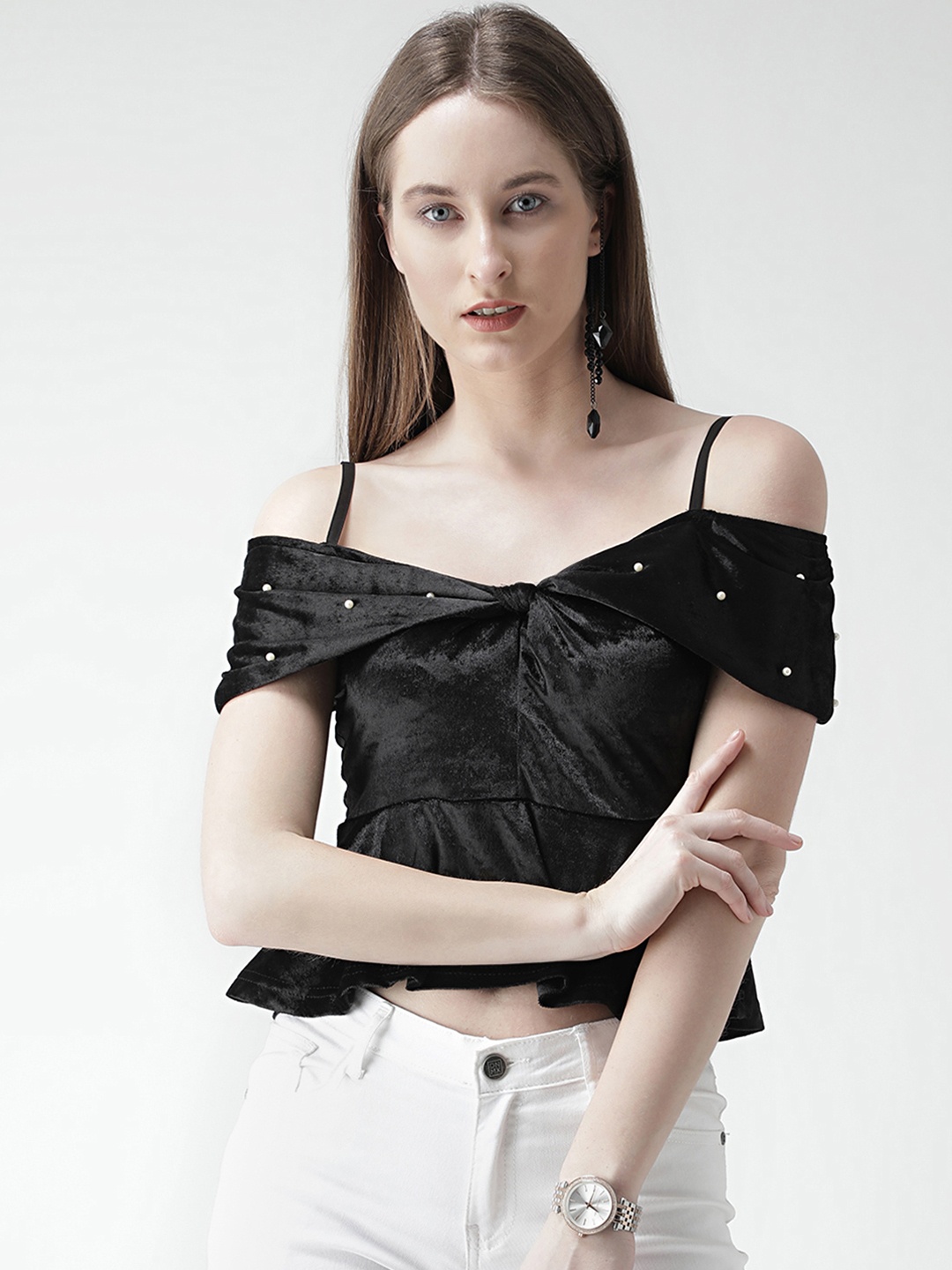 

KASSUALLY Women Black Solid Bardot Top with Embellished Detail