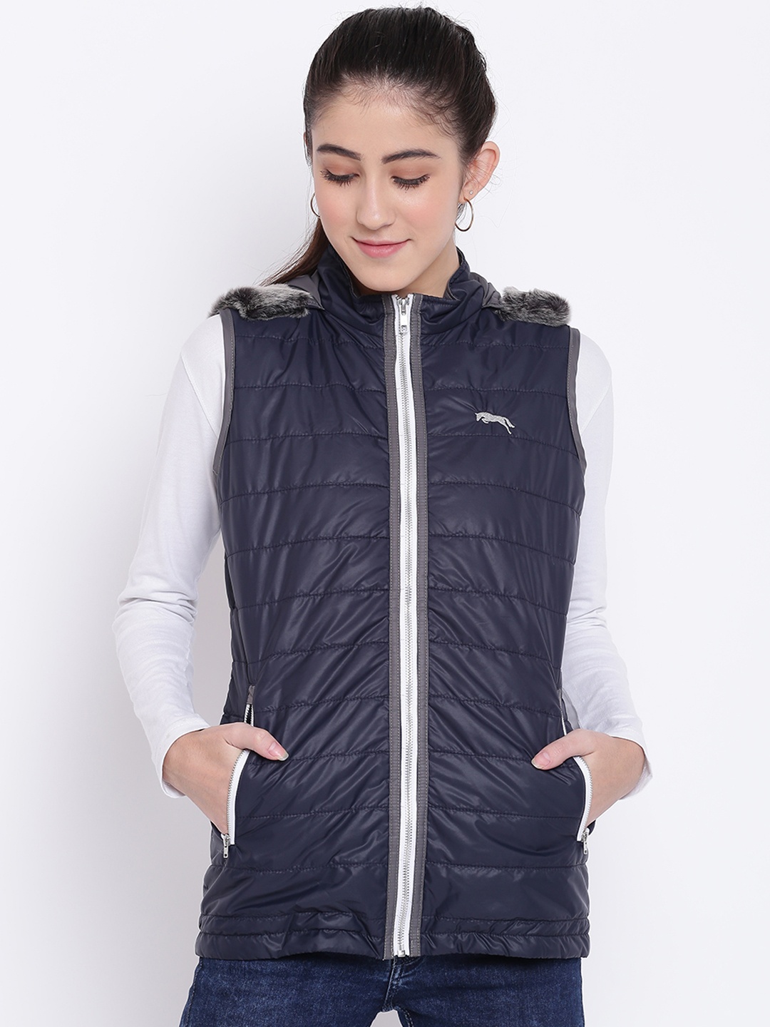 

JUMP USA Women Navy Blue Solid Padded Jacket