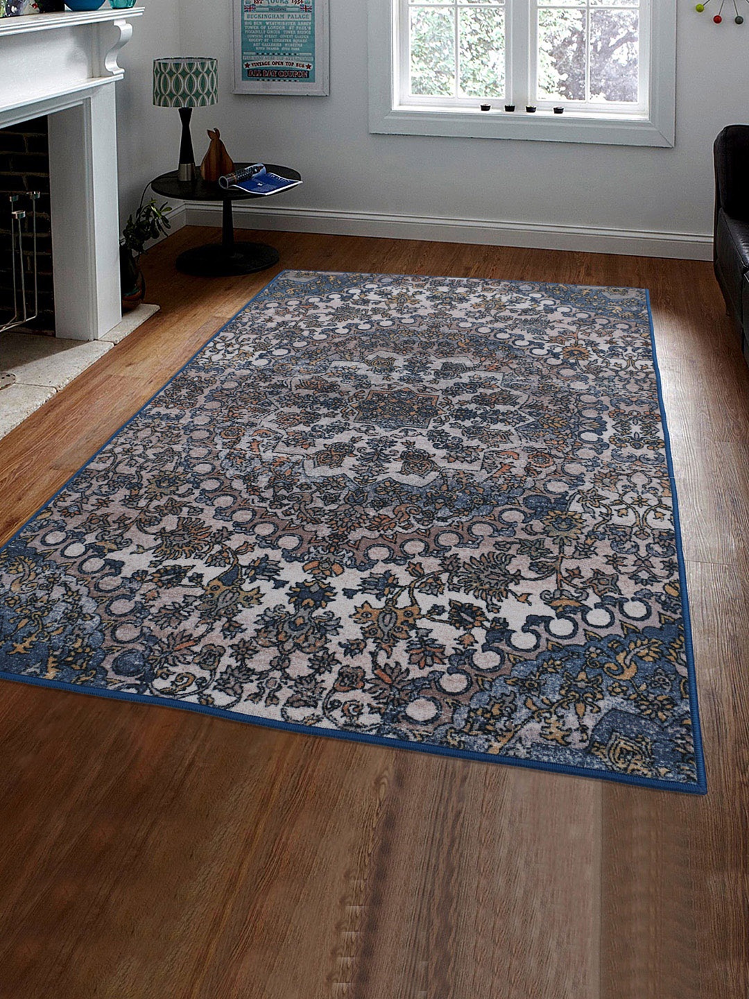 

RUGSMITH Beige & Blue Patterned Anti-Skid Carpet