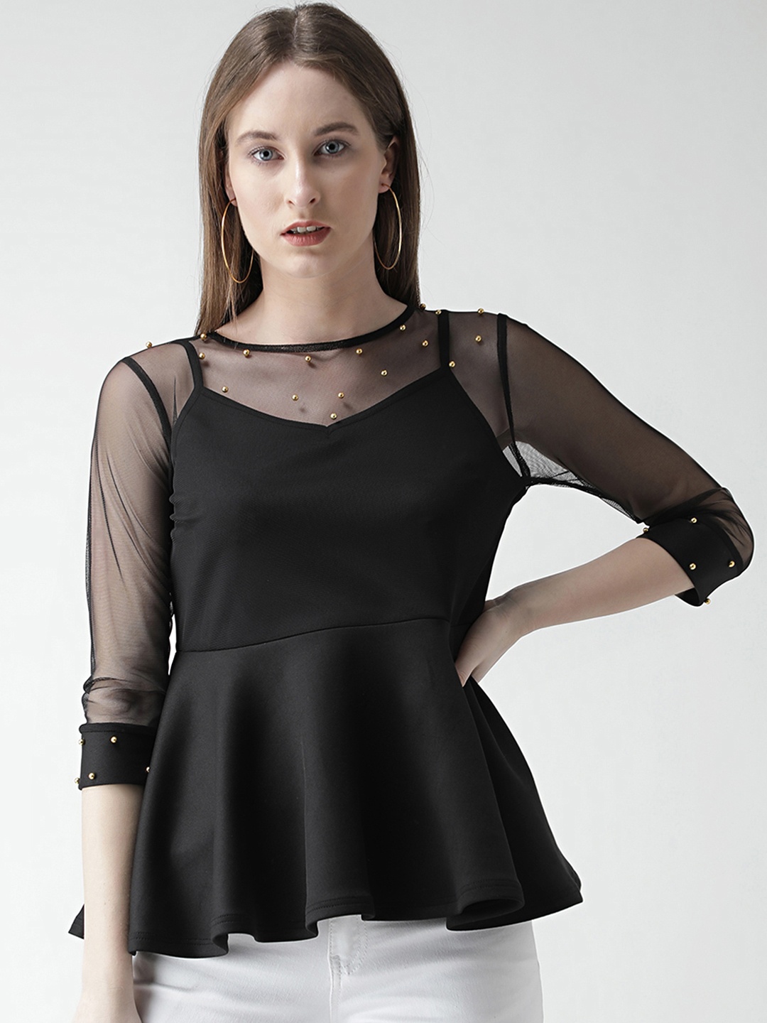 

KASSUALLY Women Black Solid Peplum Top with Embellished Detail