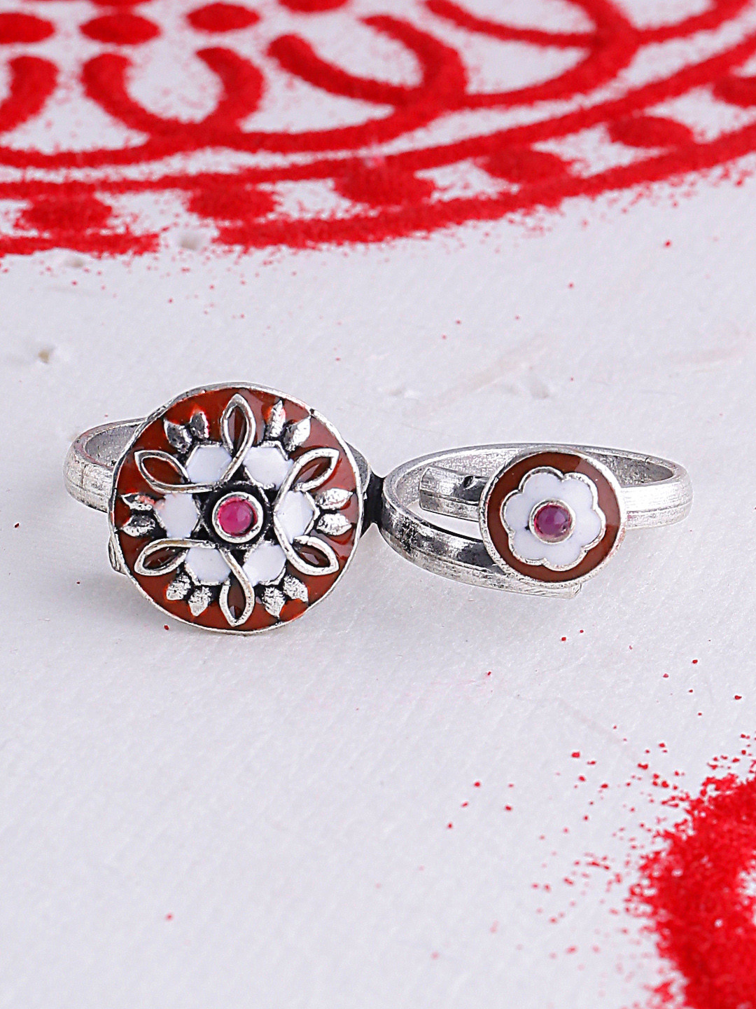 

Voylla Women Set of 2 Red Silver-Plated Enamelled Ring
