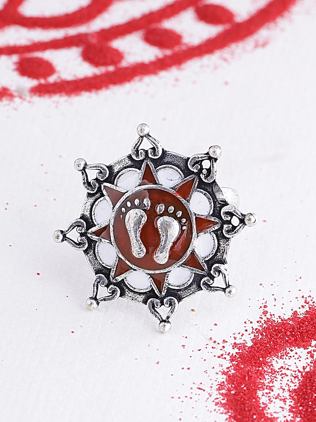 

Voylla Women Silver-Plated & Red Goddess Feet Enamelled Ring