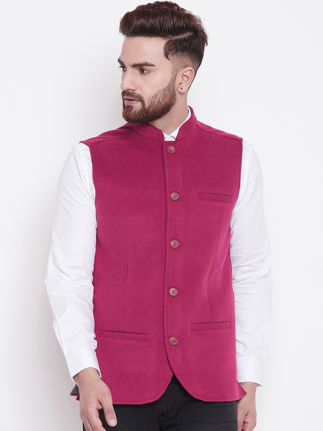 

even Men Magenta Solid Velvet Nehru Jacket