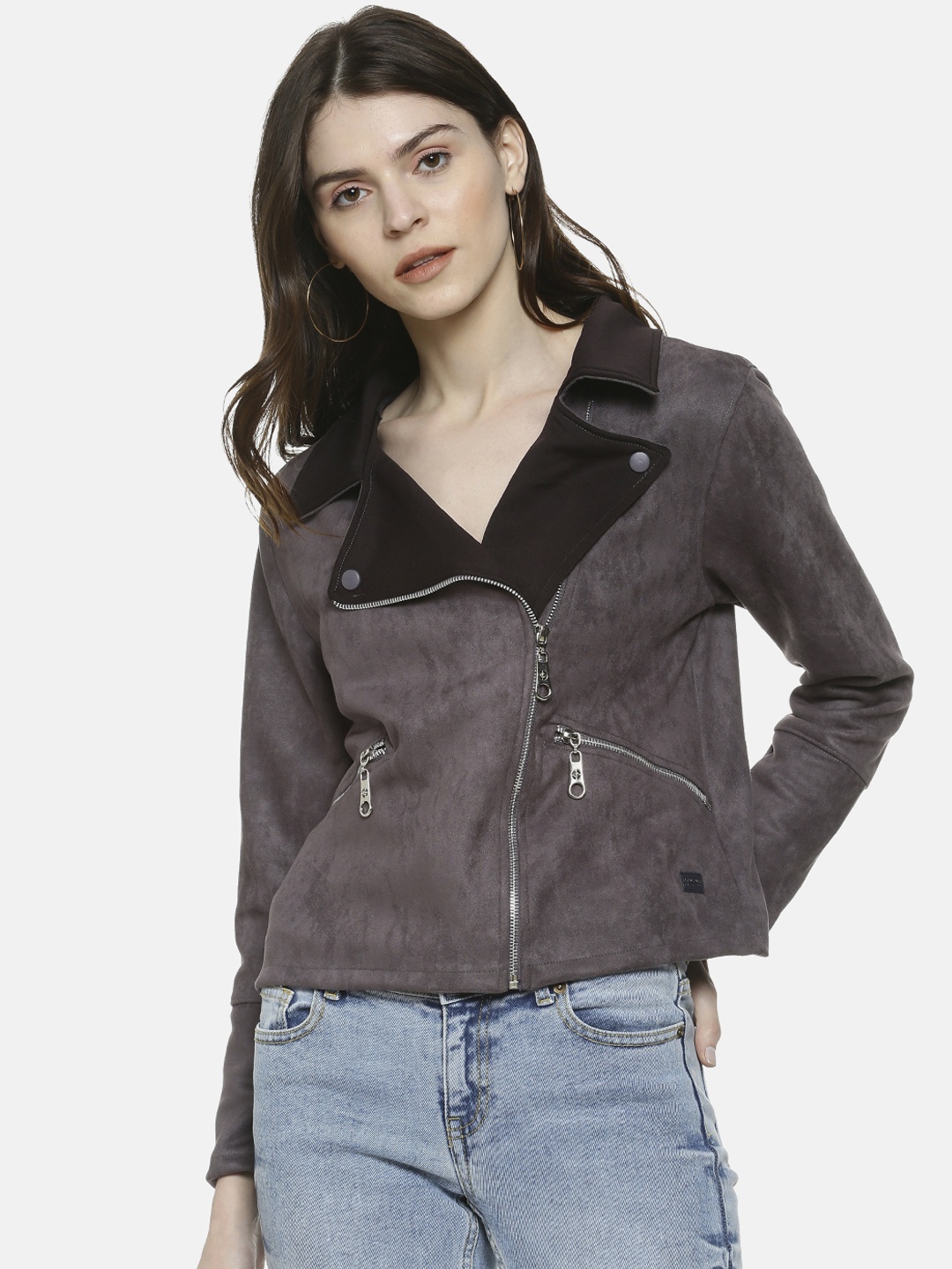

Campus Sutra Women Grey Solid Windcheater Jacket