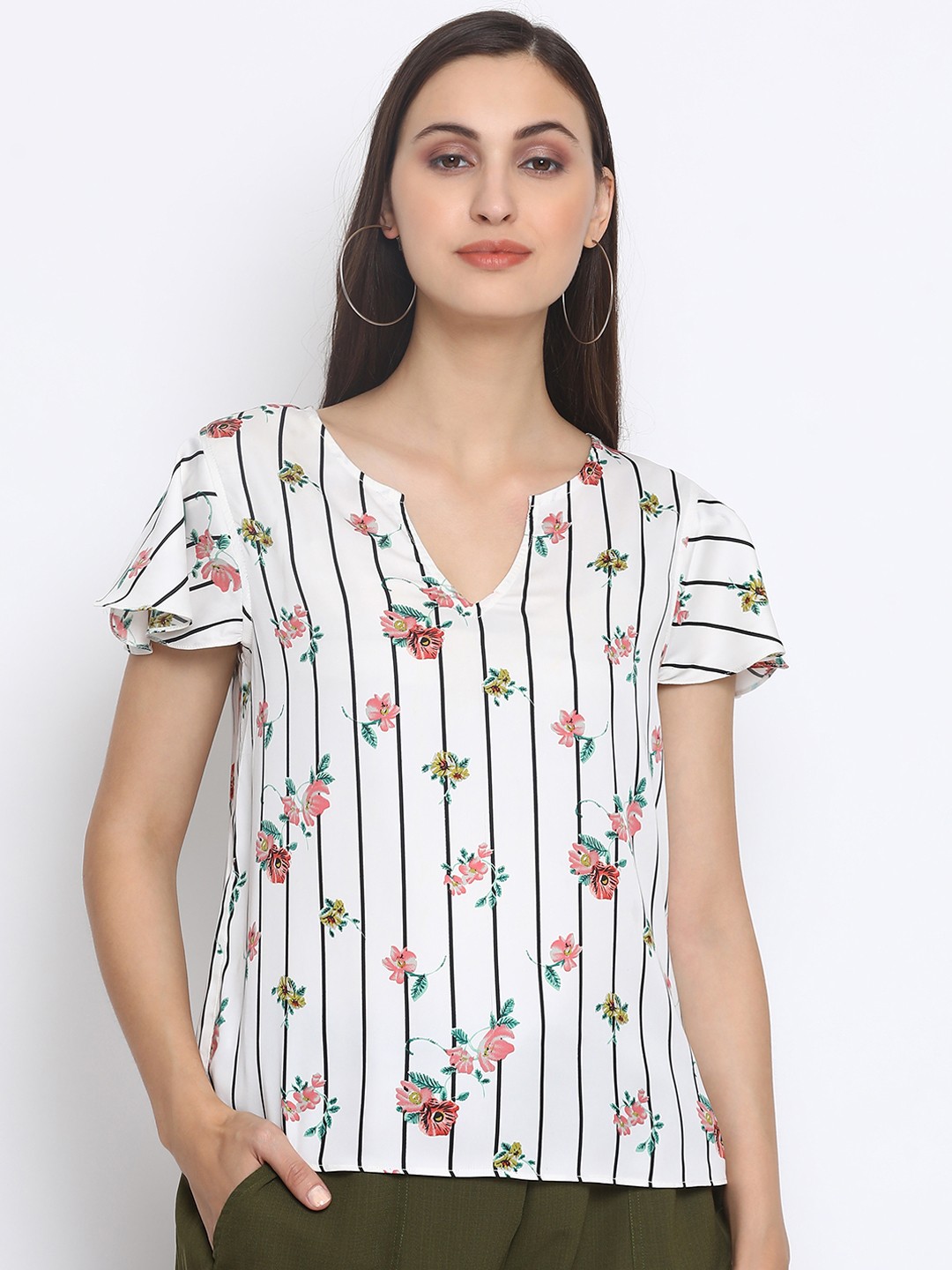 

SQew Women Off-White Striped Top with Floral Print Detail