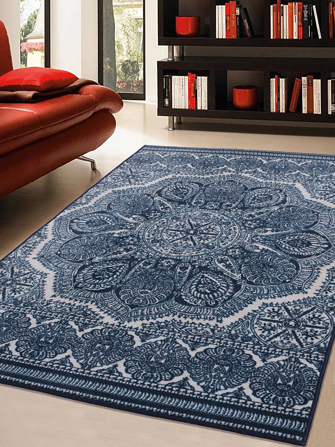 

RUGSMITH White & Grey Patterned Anti-Skid Carpet, Navy blue