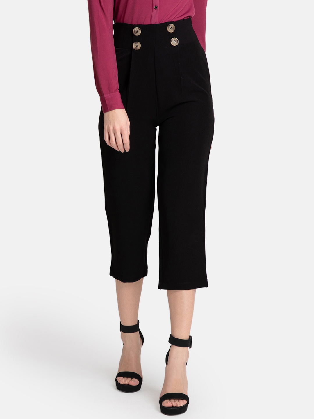 

Kazo Women Black Regular Fit Solid Regular Trousers