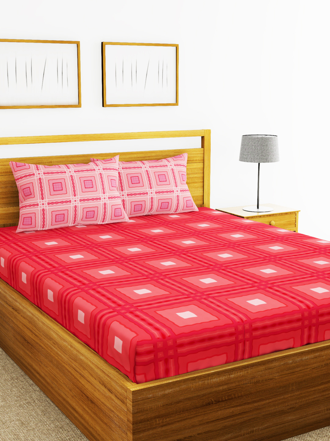 

BIANCA Coral & Off-White Geometric 144 TC Cotton 1 Queen Bedsheet with 2 Pillow Covers