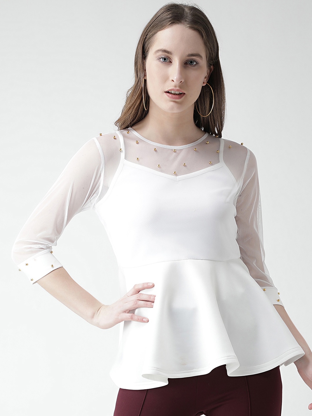 

KASSUALLY Women White Solid Peplum Top with Embellished Detail