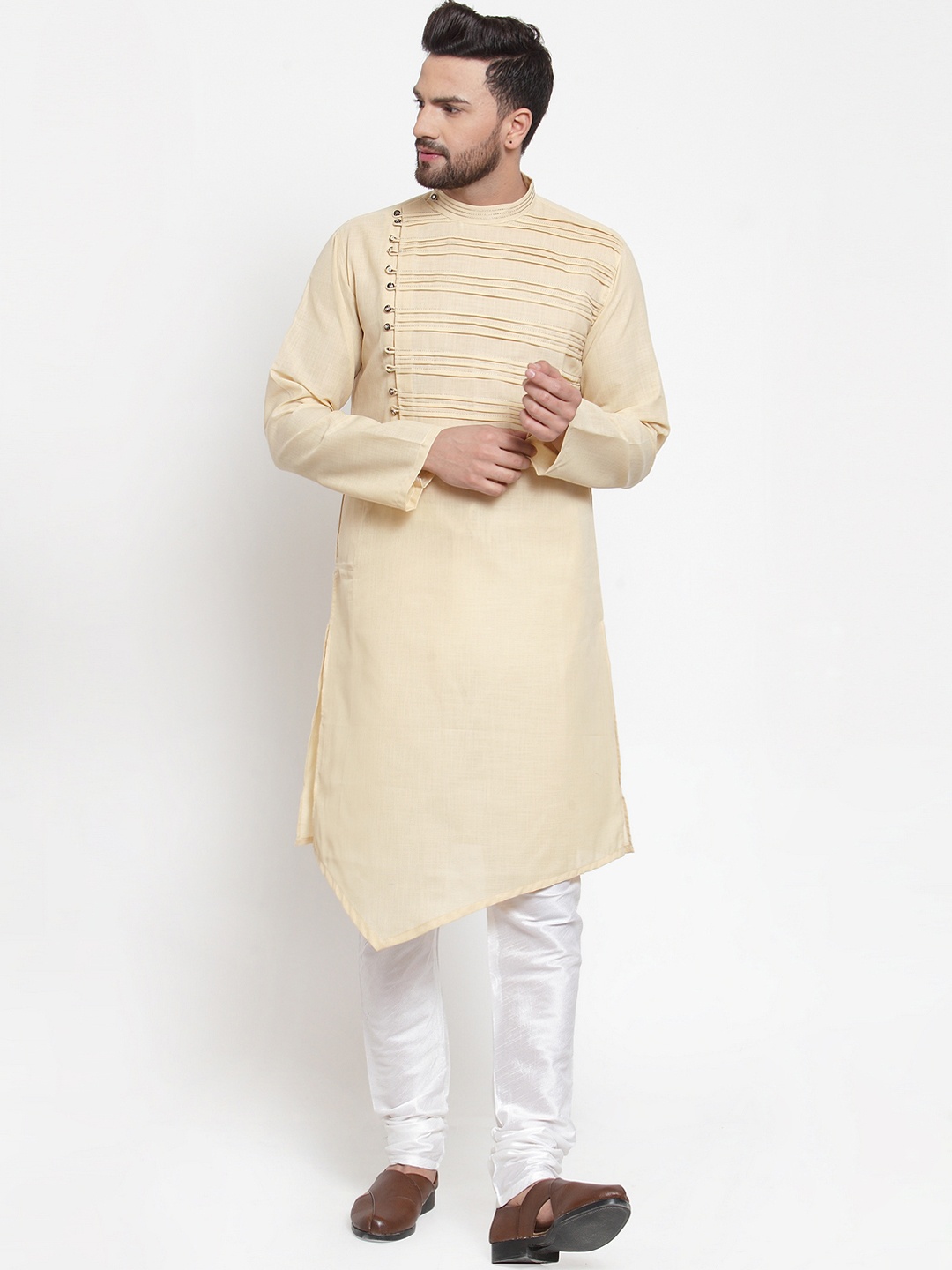 

TREEMODA Men Beige & White Yoke Design Linen Kurta with Linen Churidar