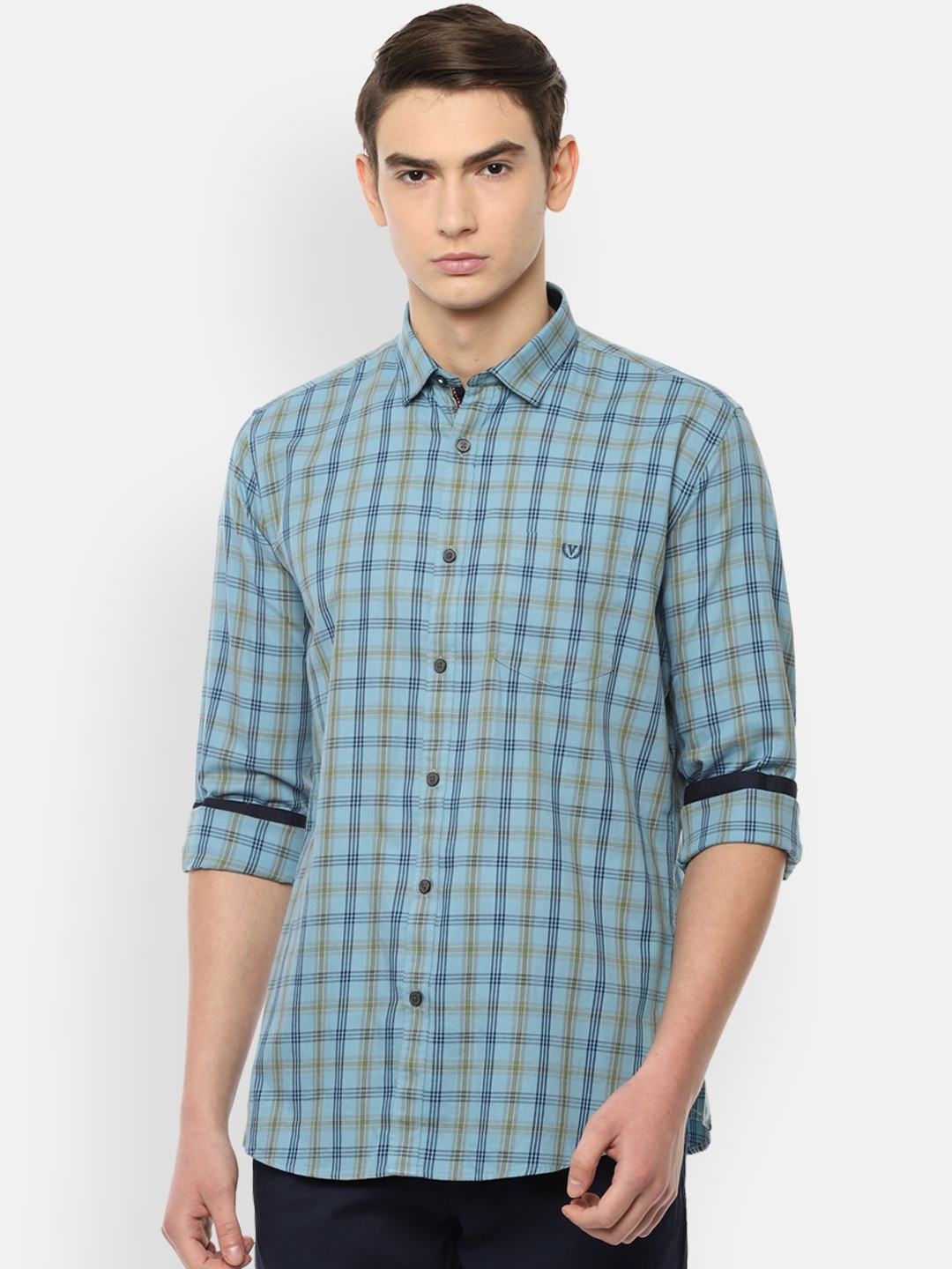 

Van Heusen Sport Men Sea Green & Beige Slim Fit Checked Casual Shirt