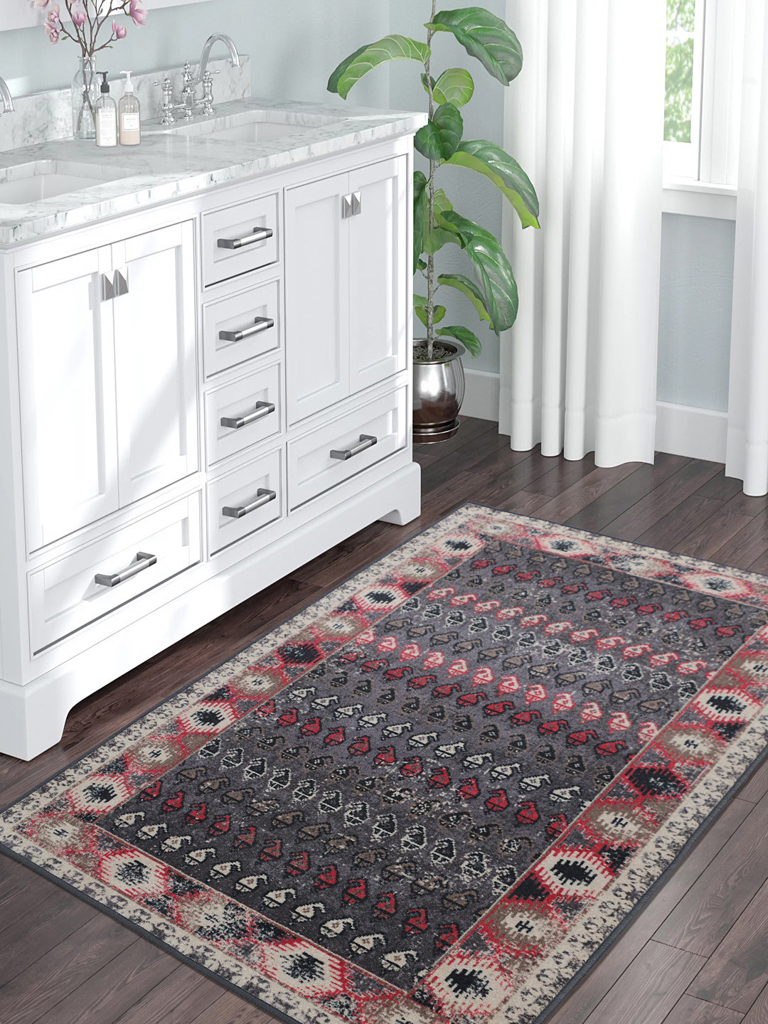 

RUGSMITH Grey & Red Patterned Anti-Skid Carpet