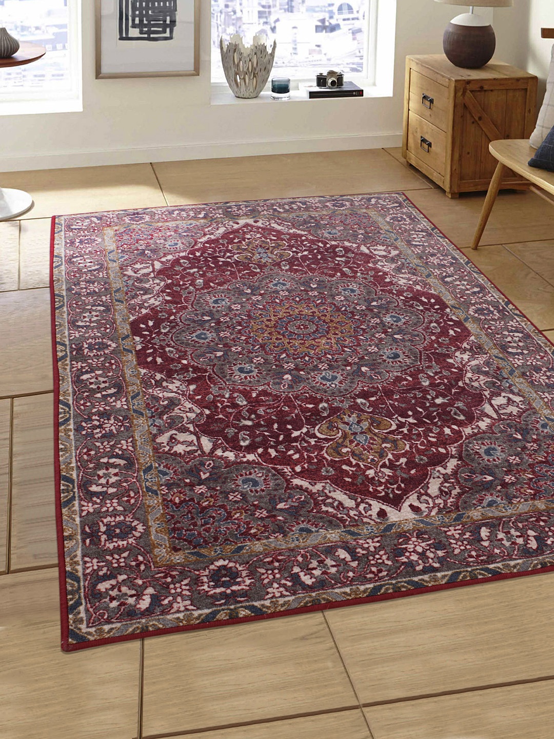 RUGSMITH Maroon & Grey Patterned Anti-Skid Carpet