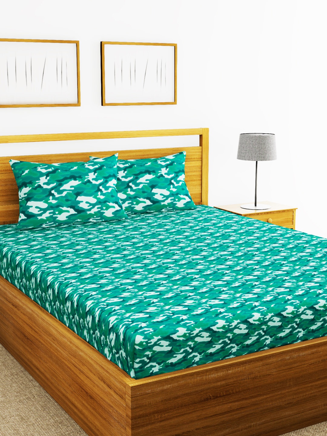 

BIANCA Green & White Abstract 144 TC Cotton 1 Queen Bedsheet with 2 Pillow Covers