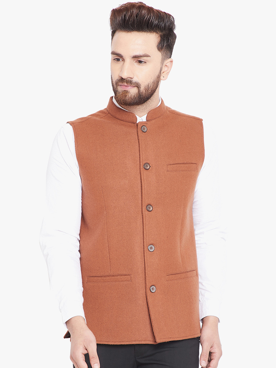 

even Men Brown Solid Pure Woolen Woven Nehru Jacket