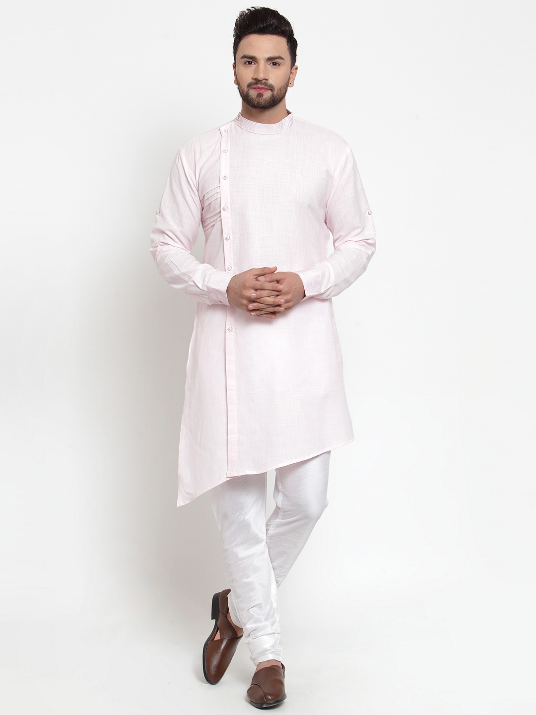 

TREEMODA Men Pink & White Solid Linen Kurta with Linen Churidar