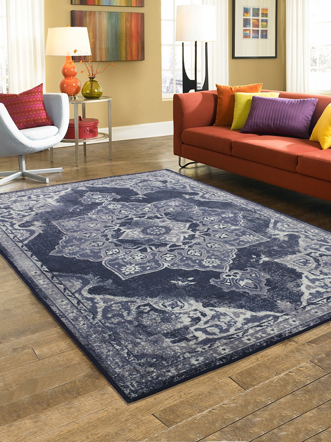 RUGSMITH Grey & OffWhite Patterned Anti-Skid Carpet