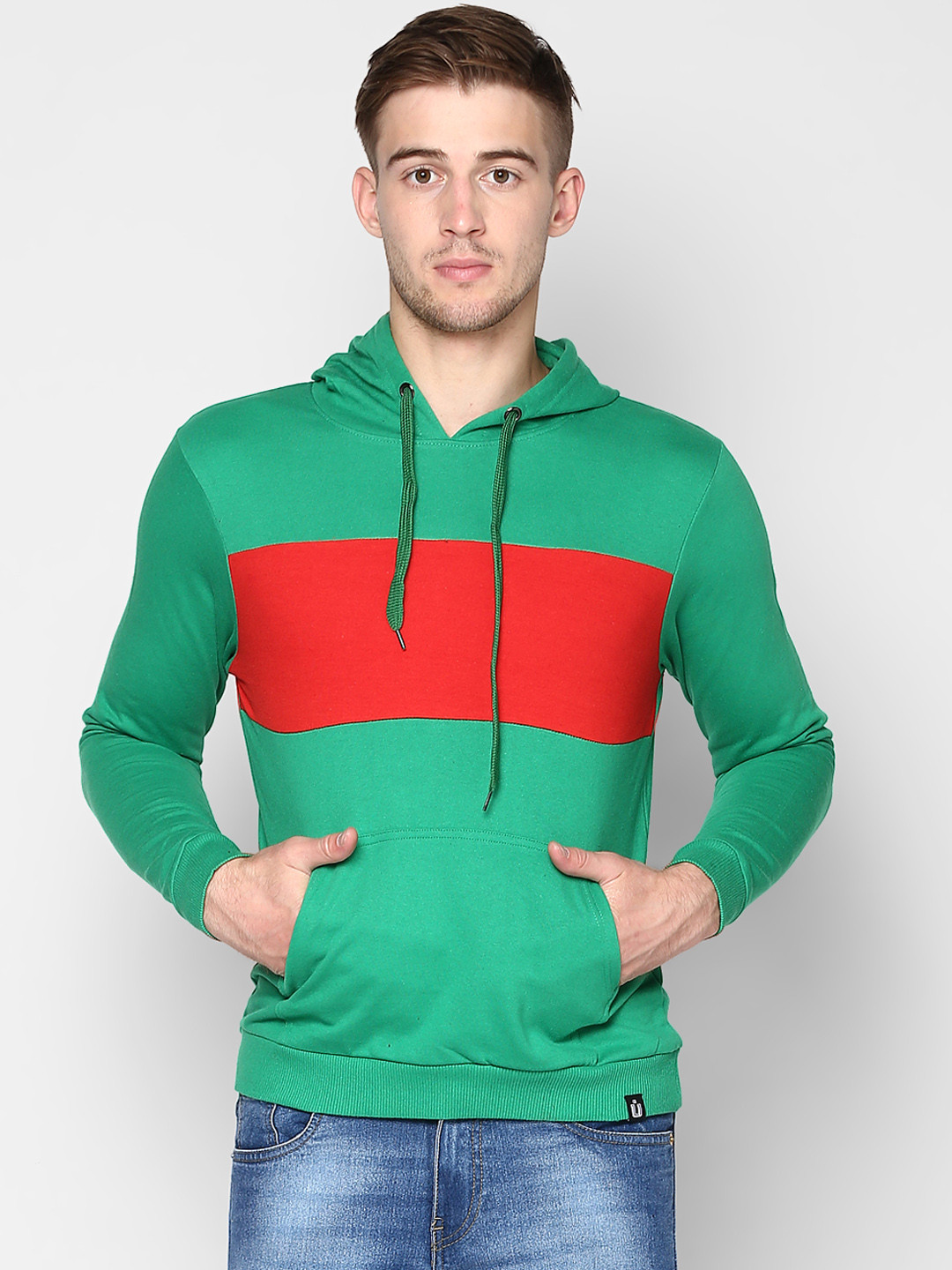 

Urbano Fashion Men Green & Red Colourblocked Hooded Sweatshirt