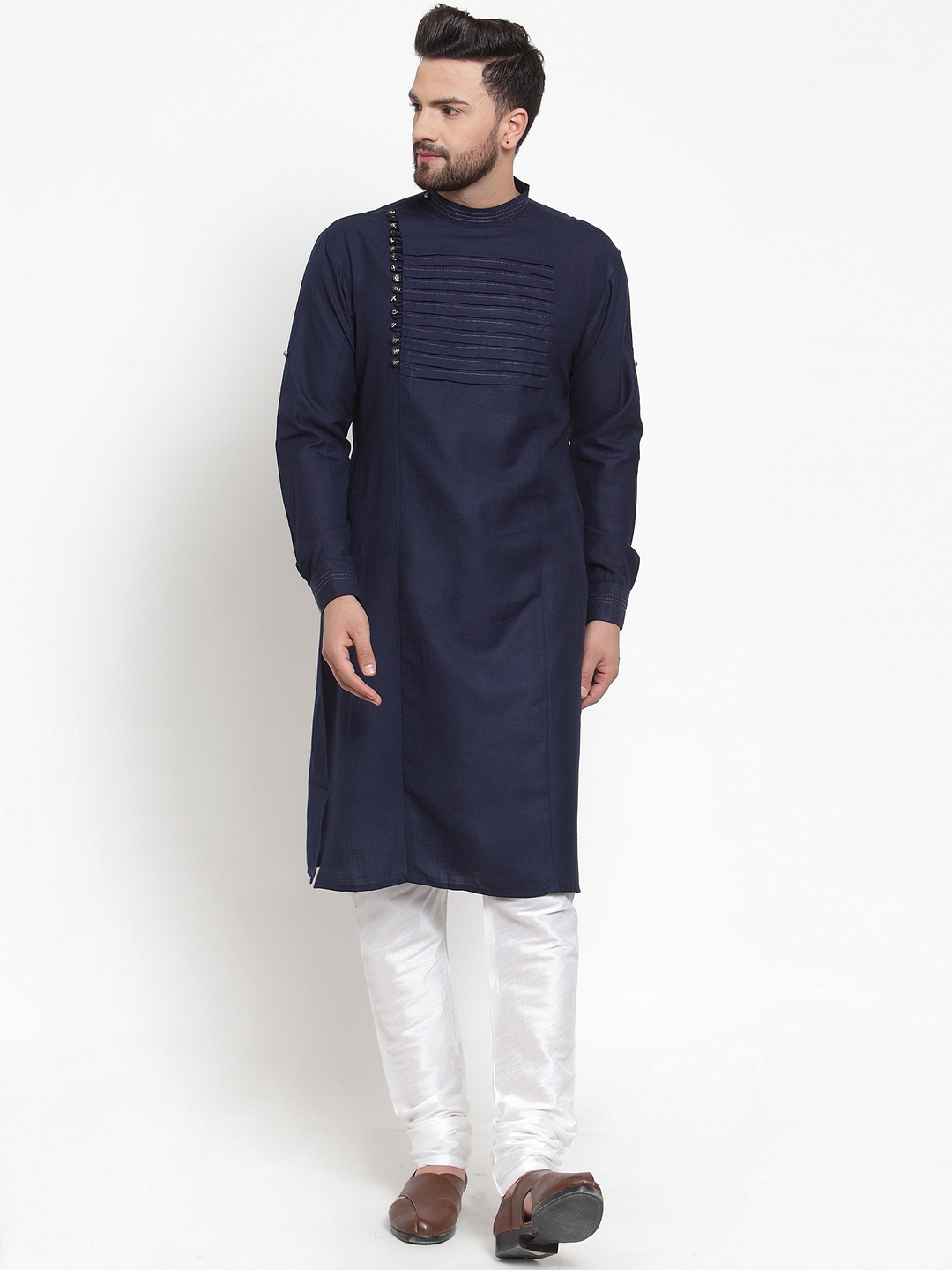 

TREEMODA Men Navy Blue & White Yoke Design Linen Kurta with Linen Churidar
